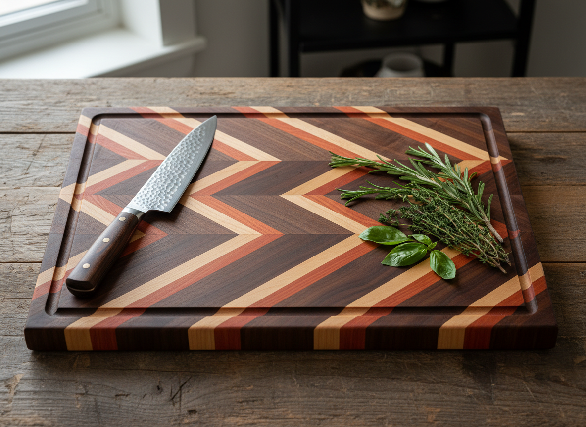 Chevron Pattern Artisan Cutting Board – Walnut, Maple & Cherry