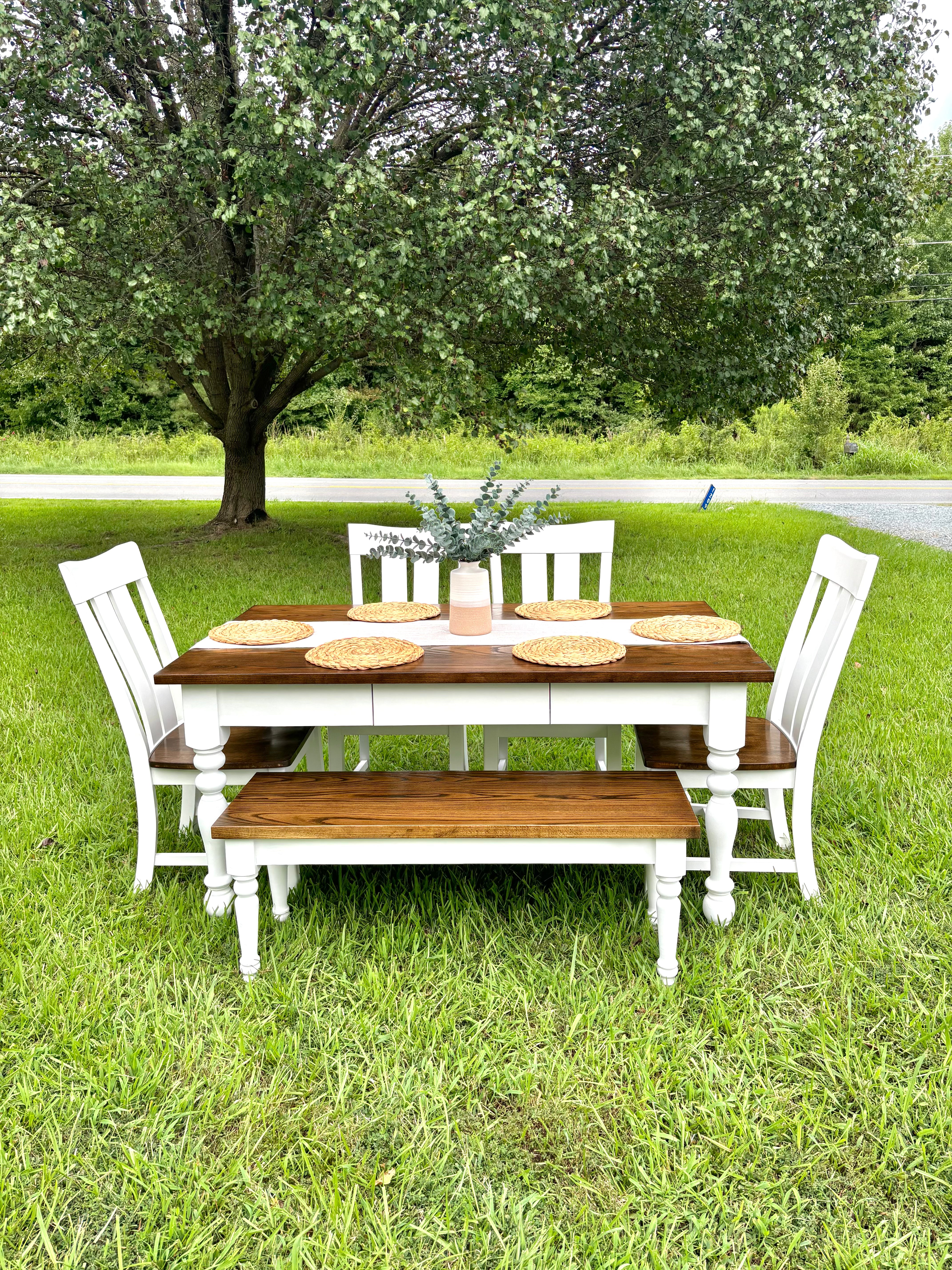 Classic RC Table W/Skinny Legs Winter Buck Brown Finished Top & White Base W/Sliding Drawer & Virginia Style Chairs