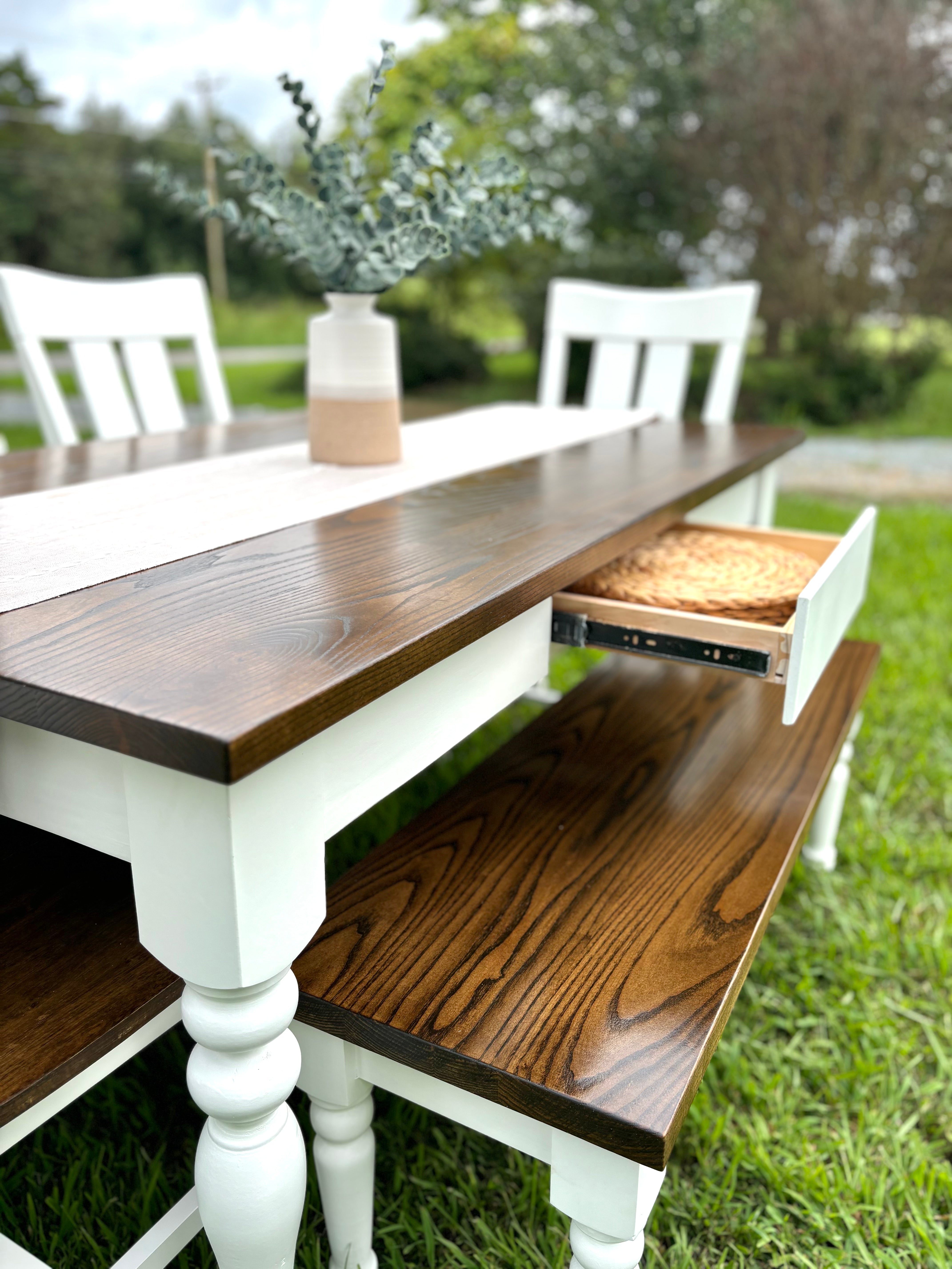 Classic RC Table W/Skinny Legs Winter Buck Brown Finished Top & White Base W/Sliding Drawer & Virginia Style Chairs