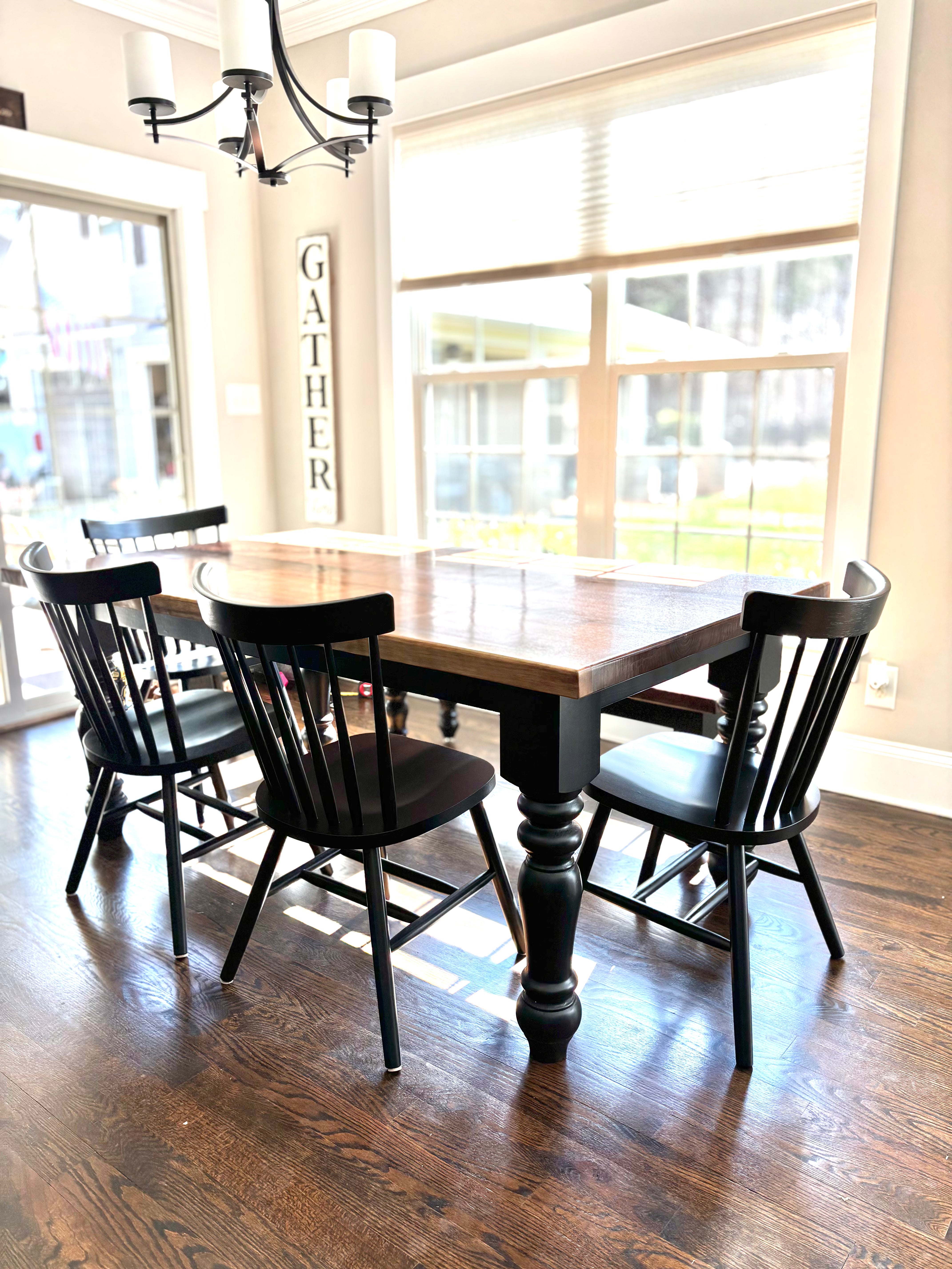 Classic RC Table with Walnut Live Edge & Black Base with Elegant Fence Style Chairs & Matching Bench