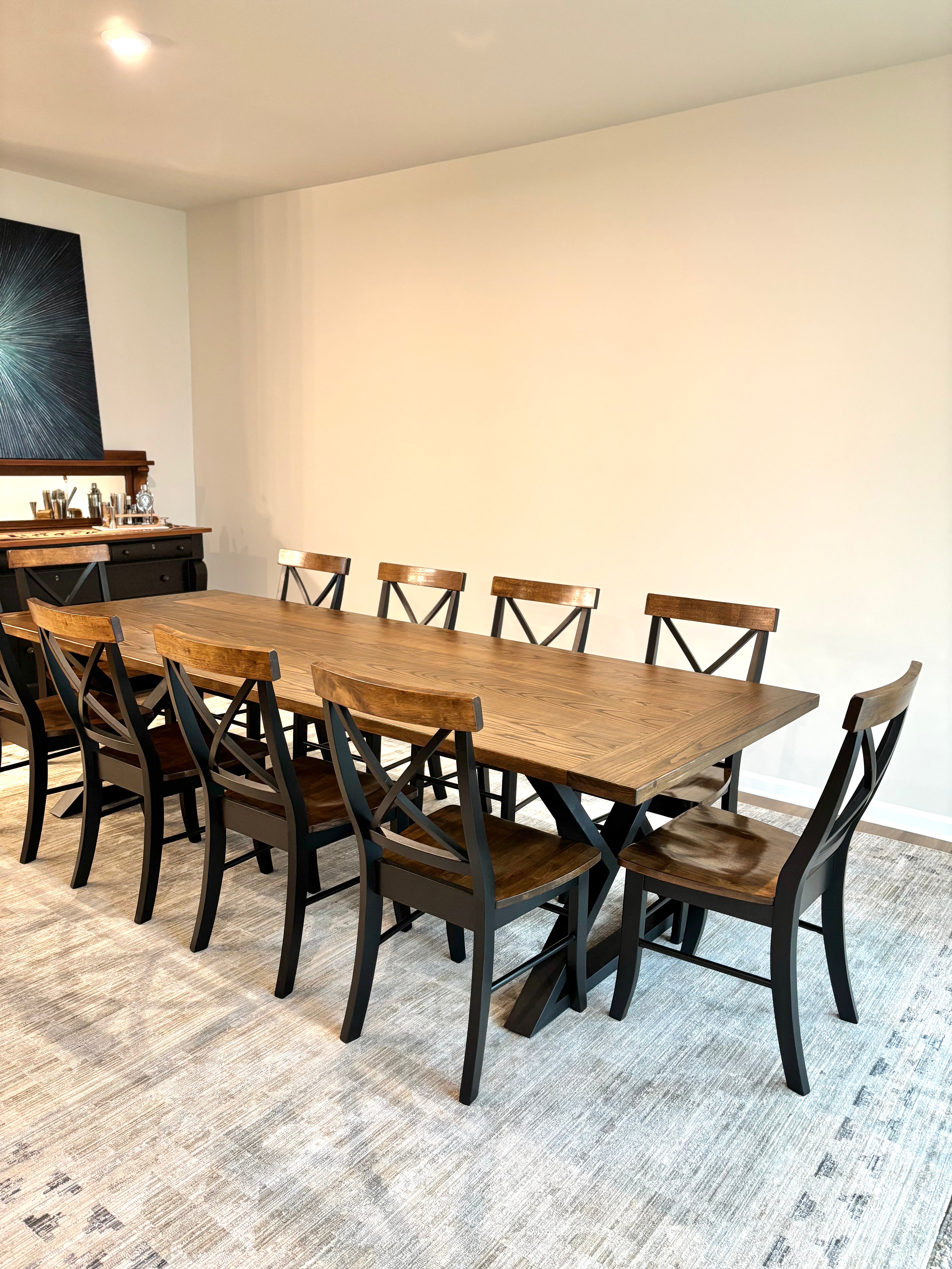 Dakota Table-Winter Buck Brown Finish with Black X Back Chairs & Matching Top Board