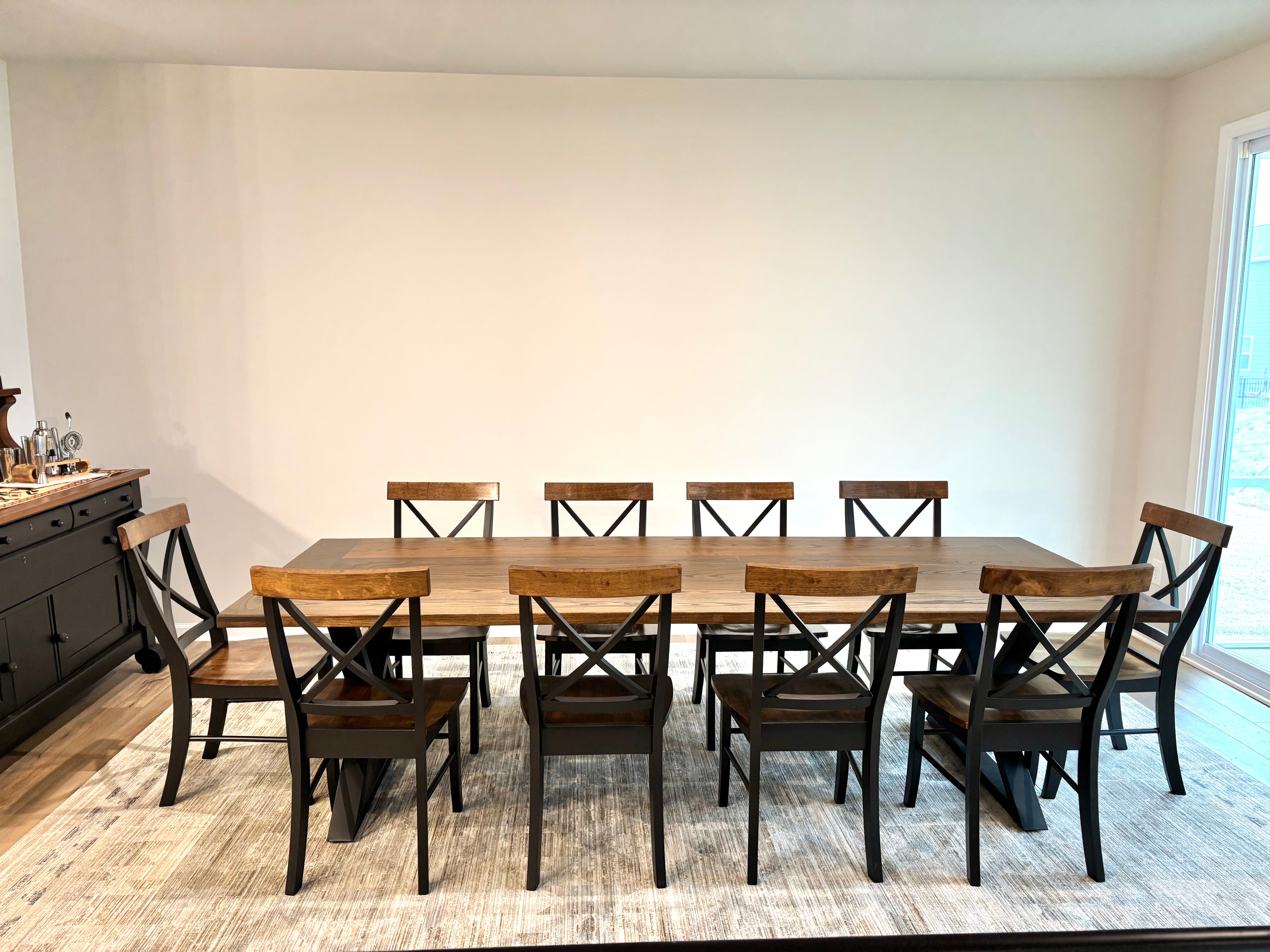 Dakota Table-Winter Buck Brown Finish with Black X Back Chairs & Matching Top Board