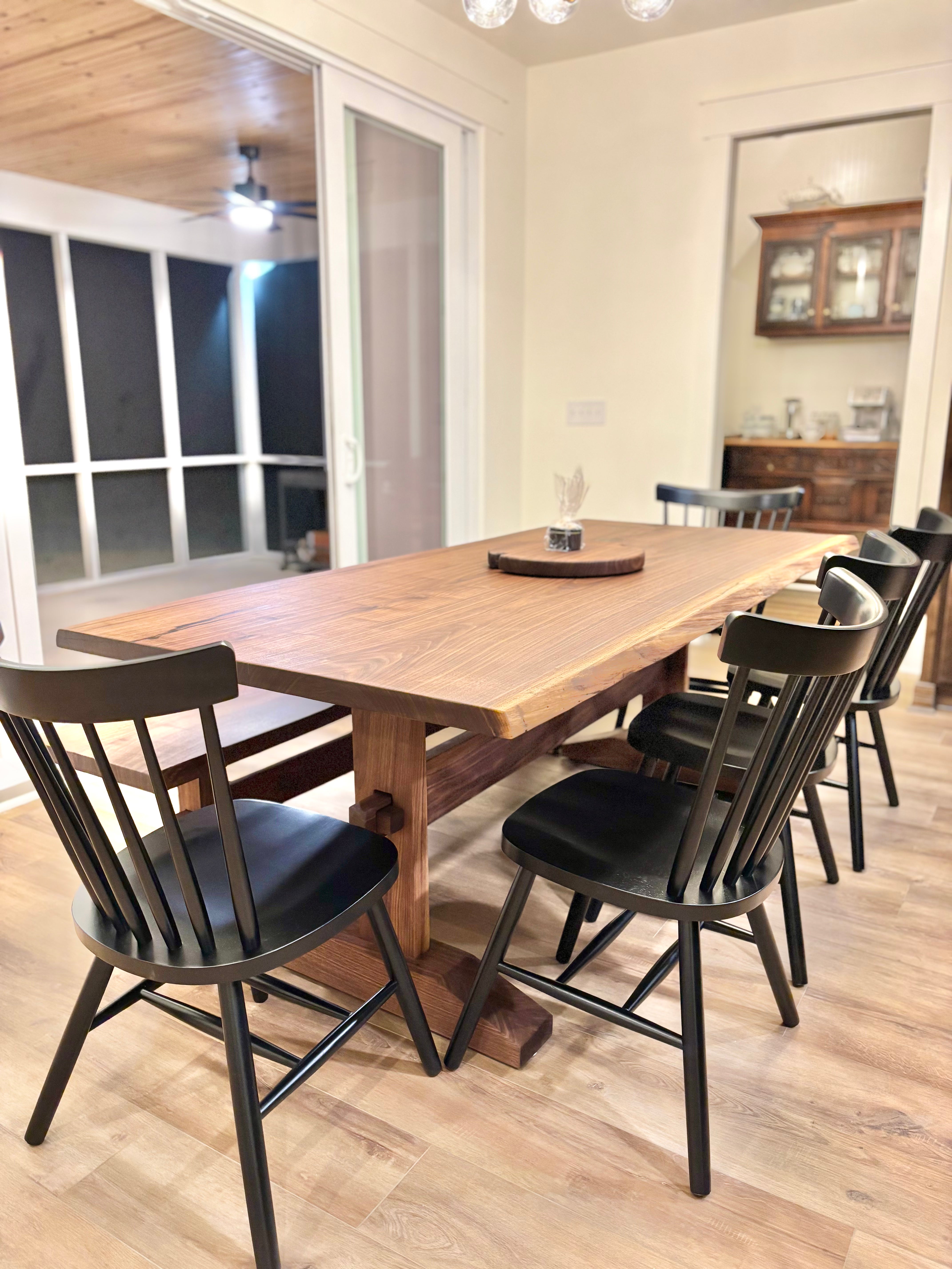 Kali Base W. Live Edge Black Walnut Top & Matching Bench W. Elegant Fence Chairs