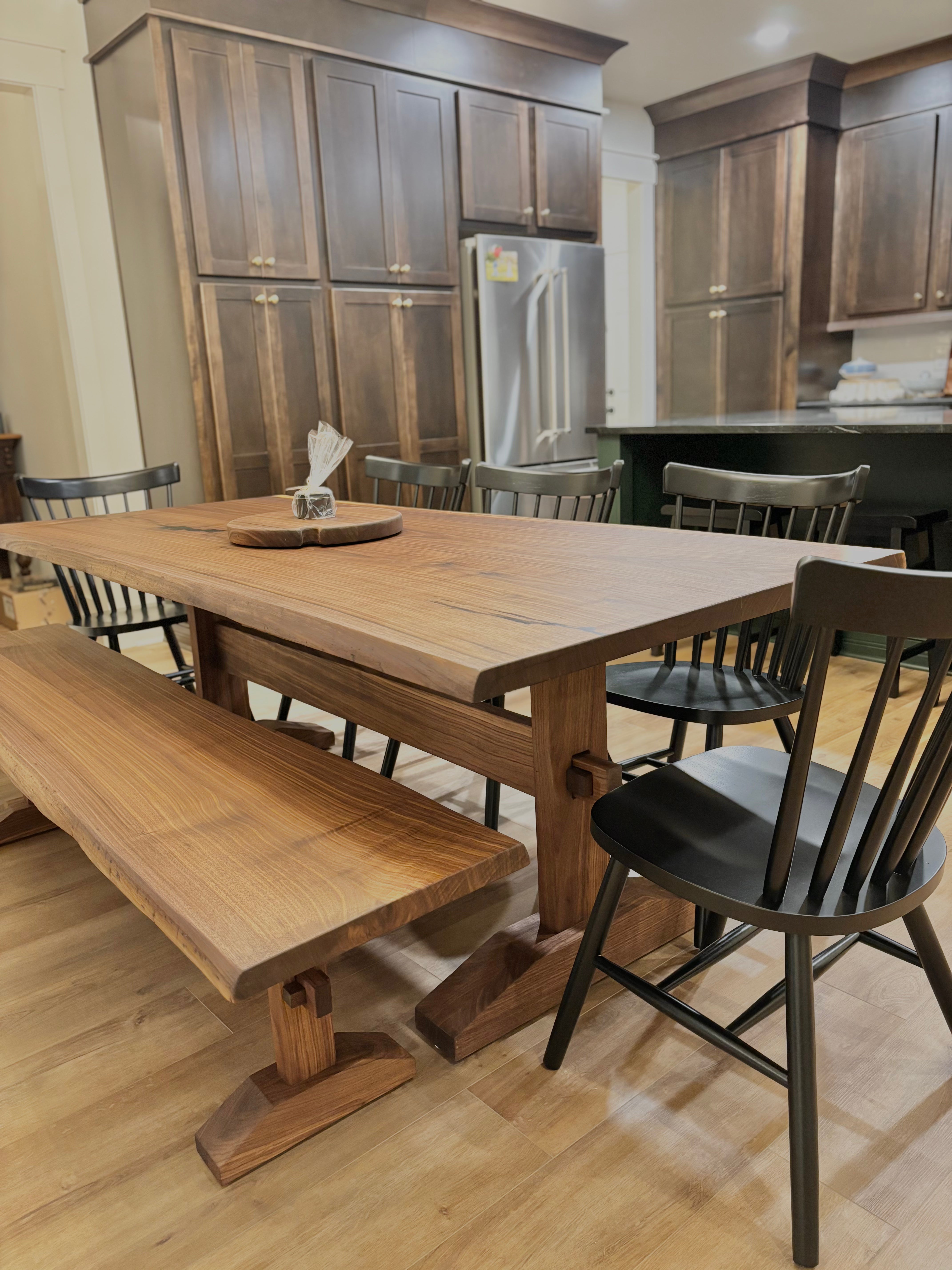 Kali Base W. Live Edge Black Walnut Top & Matching Bench W. Elegant Fence Chairs