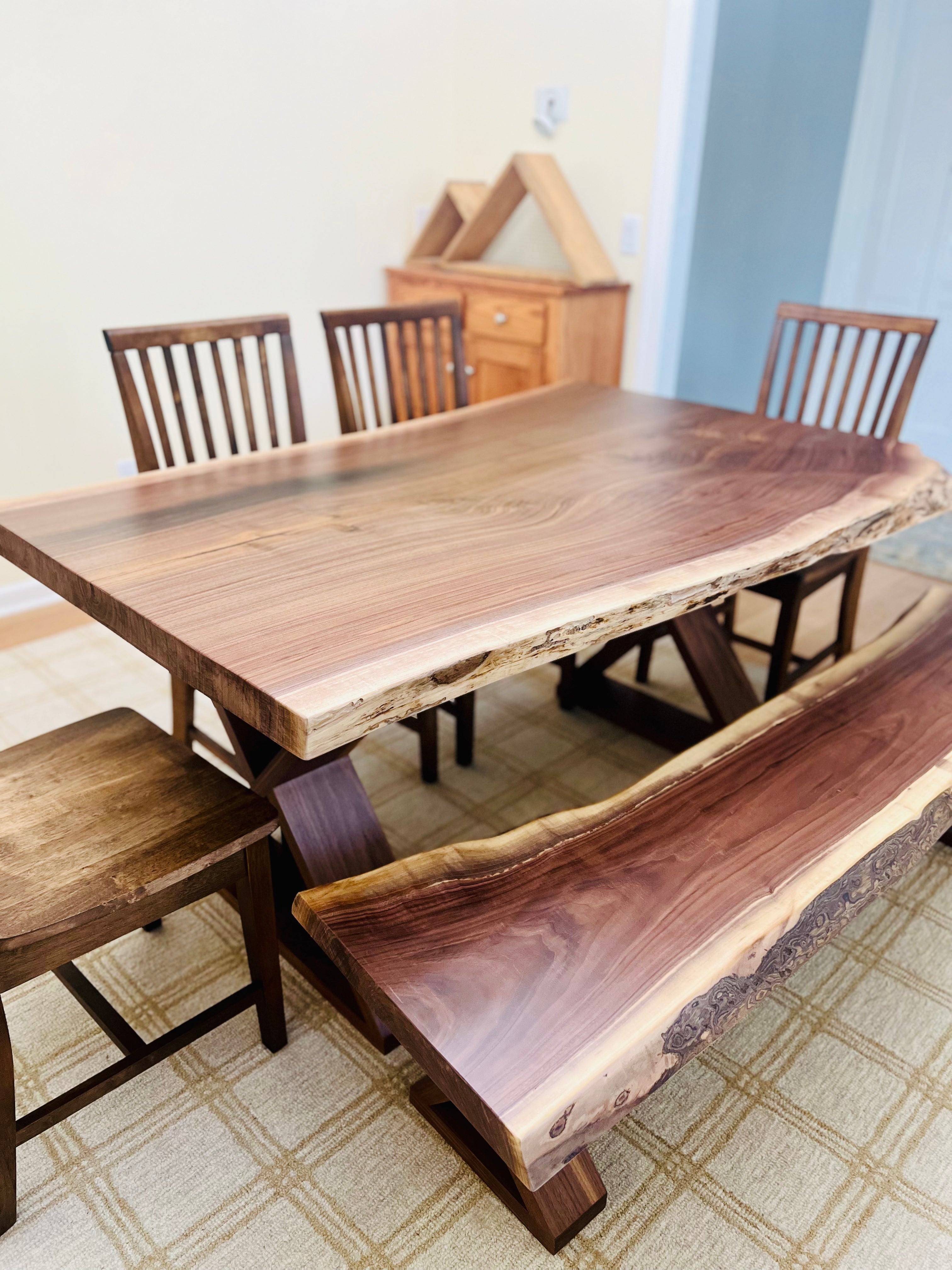 Walnut Live Edge Leila Base W/Matching Bench & Fence Style Chairs