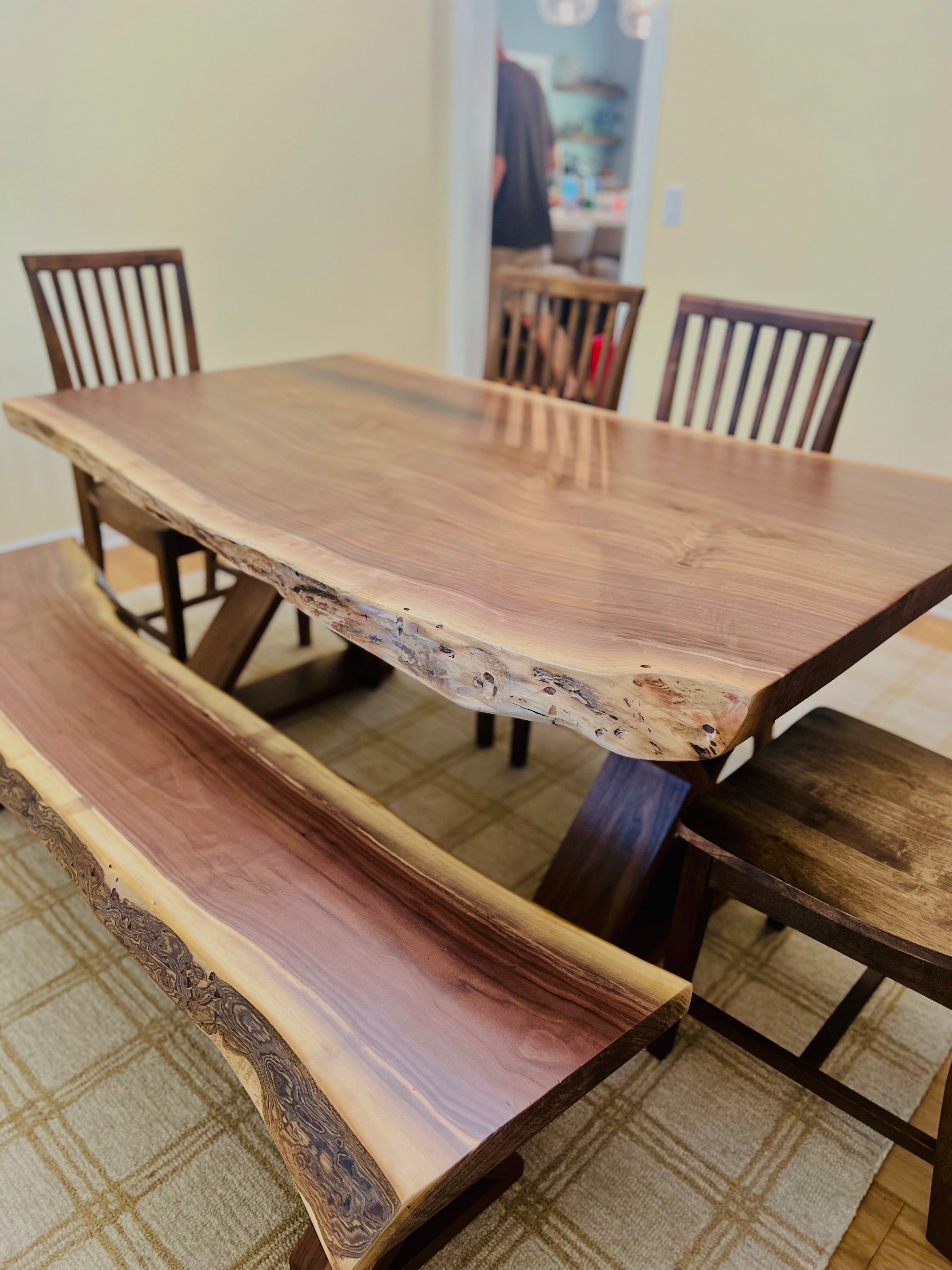 Walnut Live Edge Leila Base W/Matching Bench & Fence Style Chairs