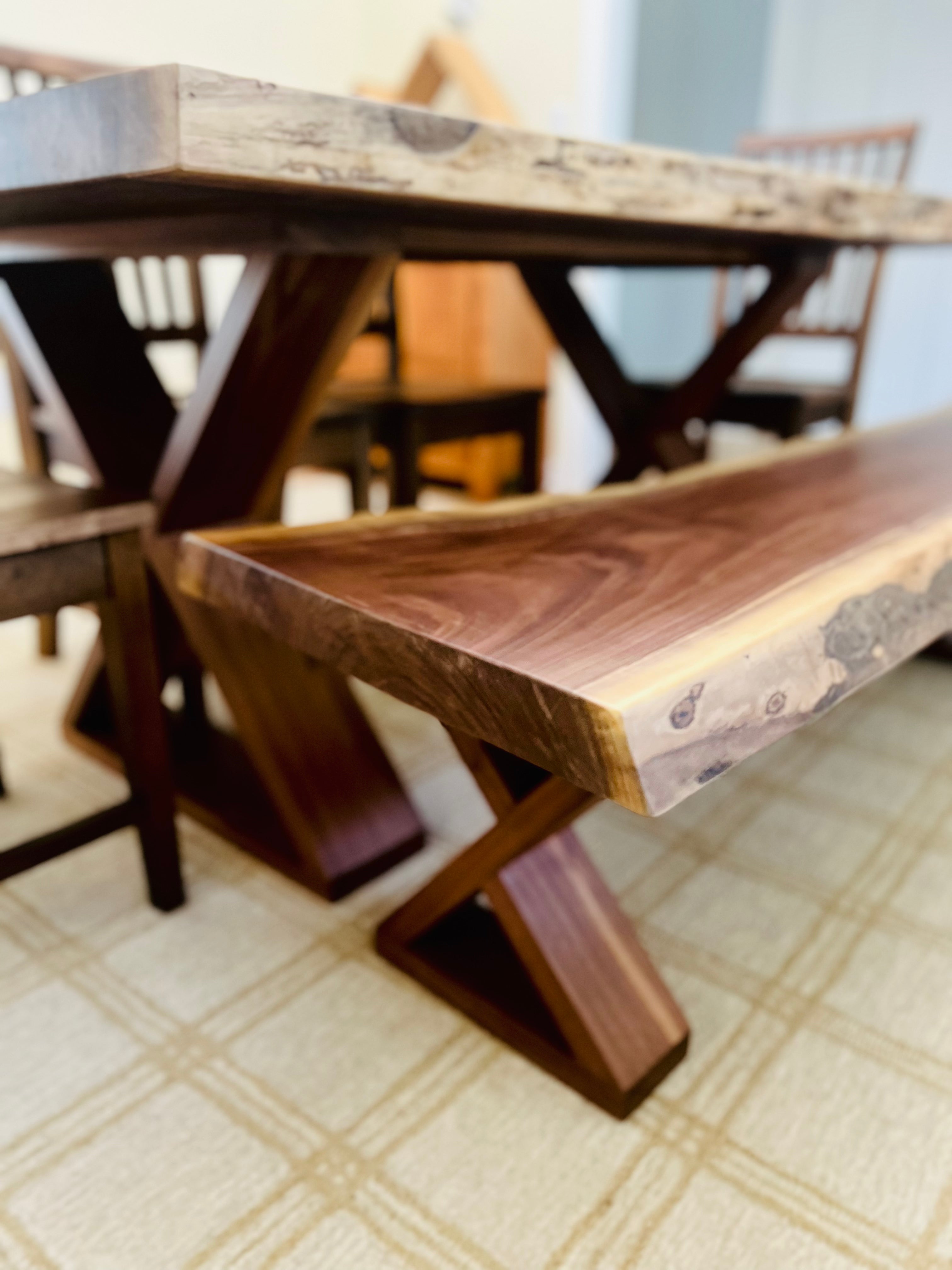 Walnut Live Edge Leila Base W/Matching Bench & Fence Style Chairs