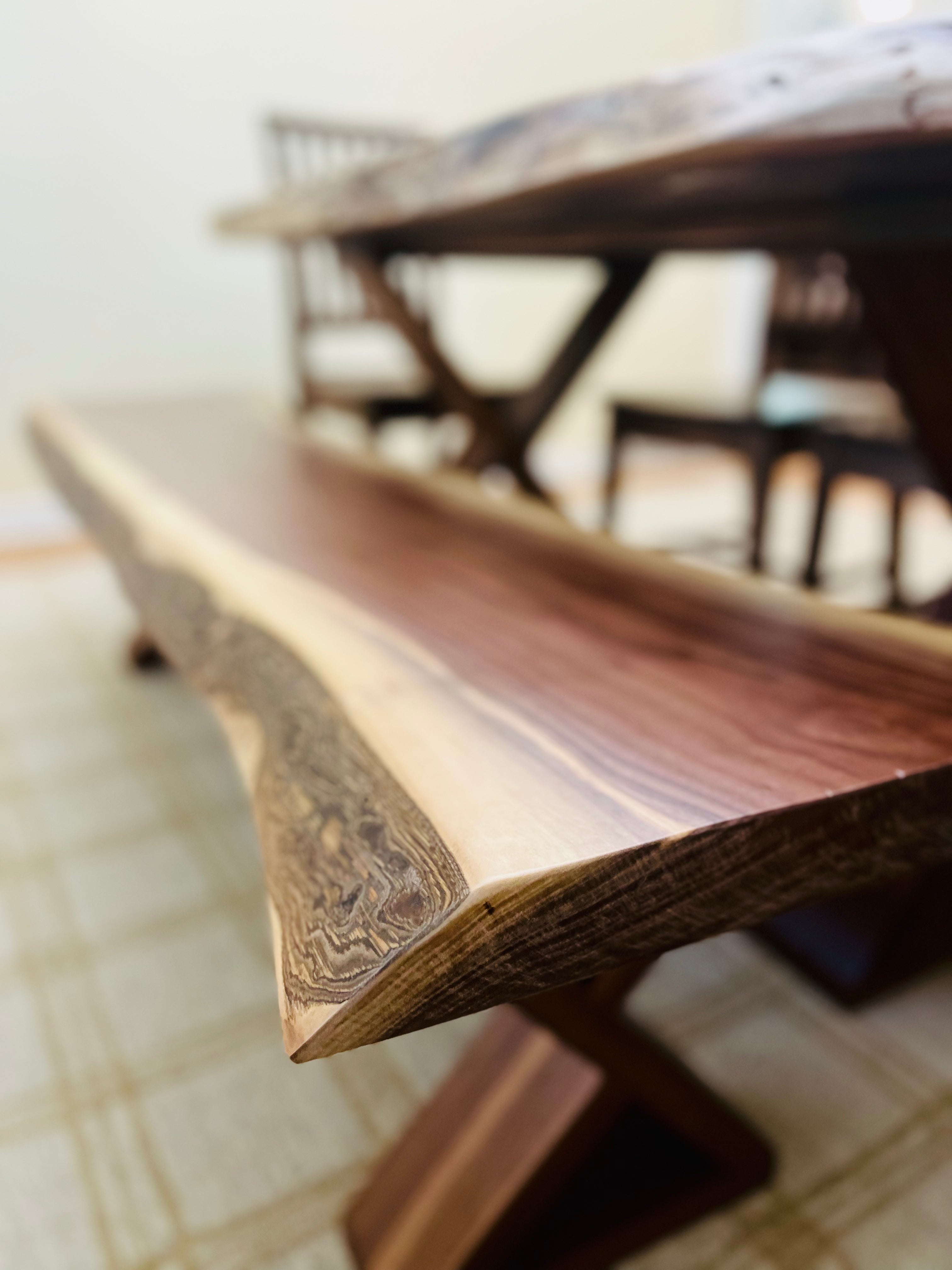 Walnut Live Edge Leila Base W/Matching Bench & Fence Style Chairs