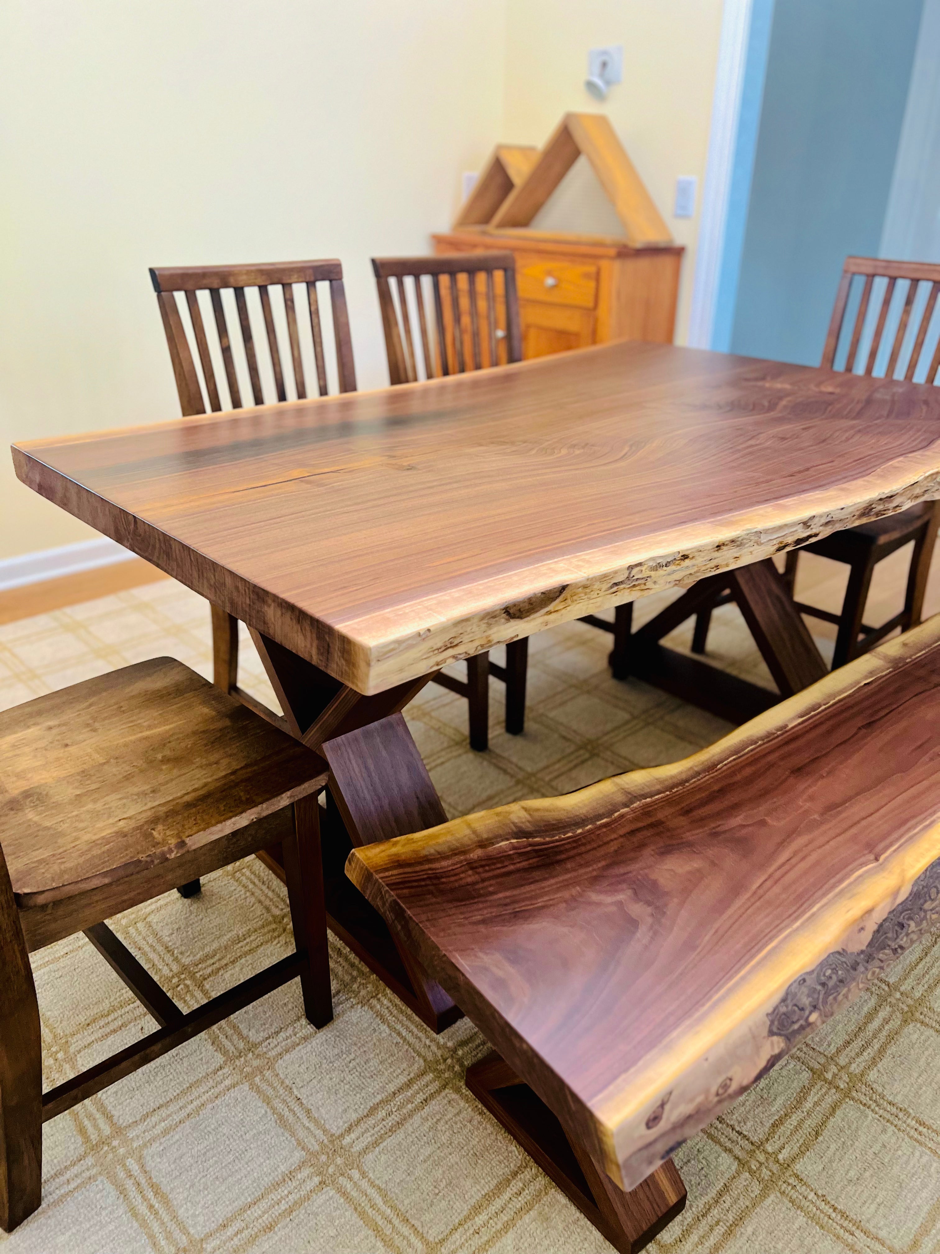 Walnut Live Edge Leila Base W/Matching Bench & Fence Style Chairs