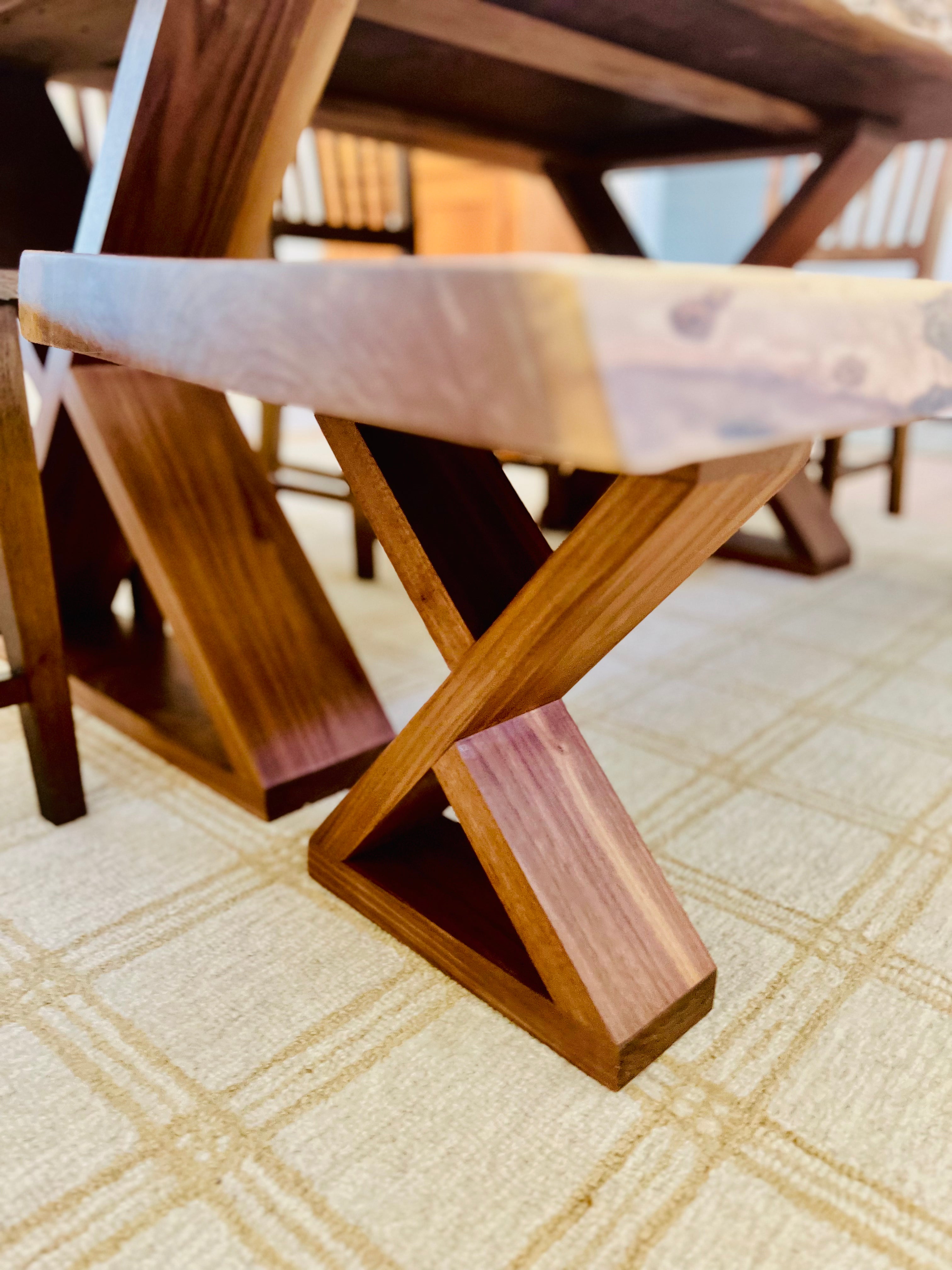 Walnut Live Edge Leila Base W/Matching Bench & Fence Style Chairs