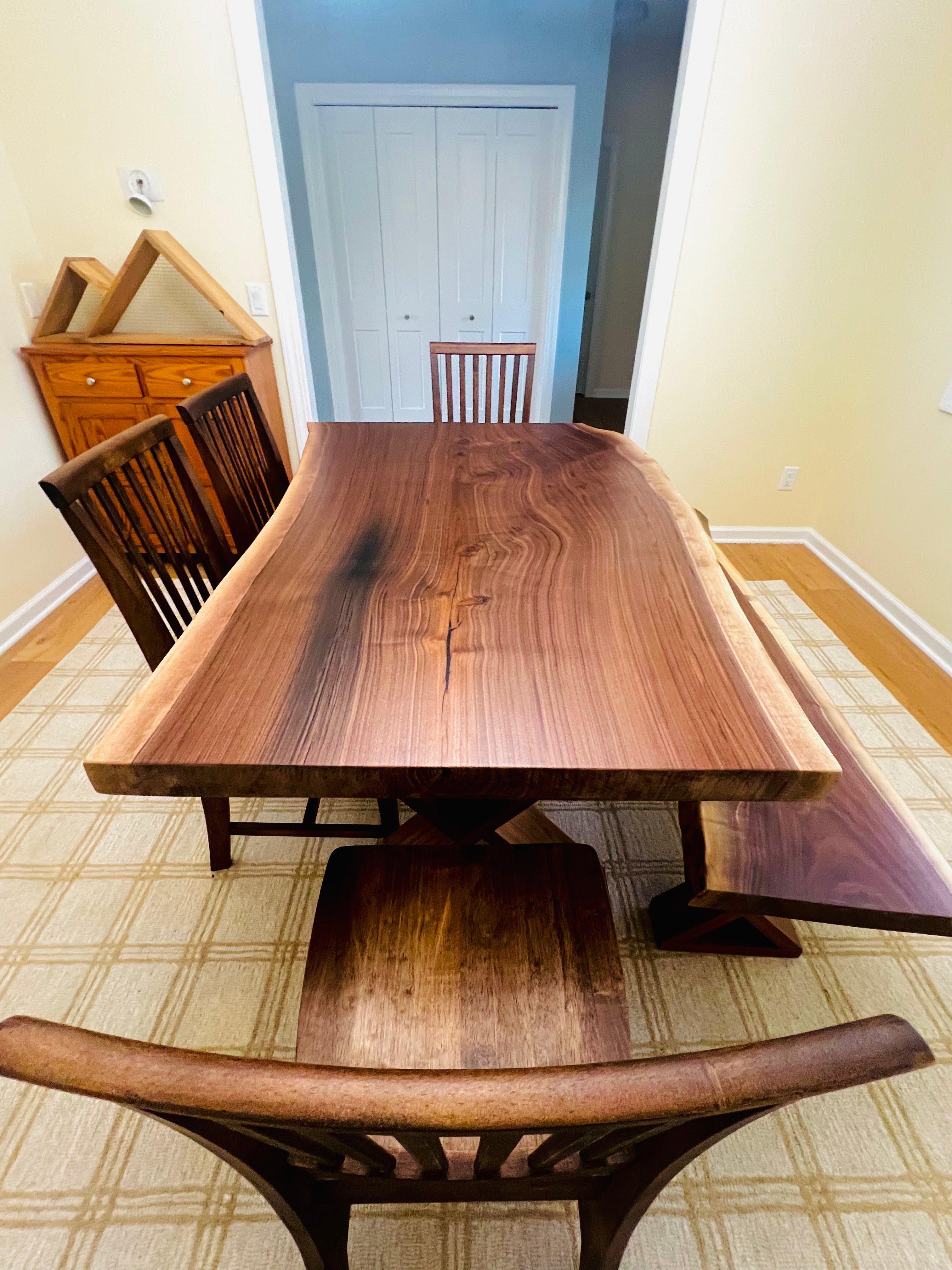Walnut Live Edge Leila Base W/Matching Bench & Fence Style Chairs