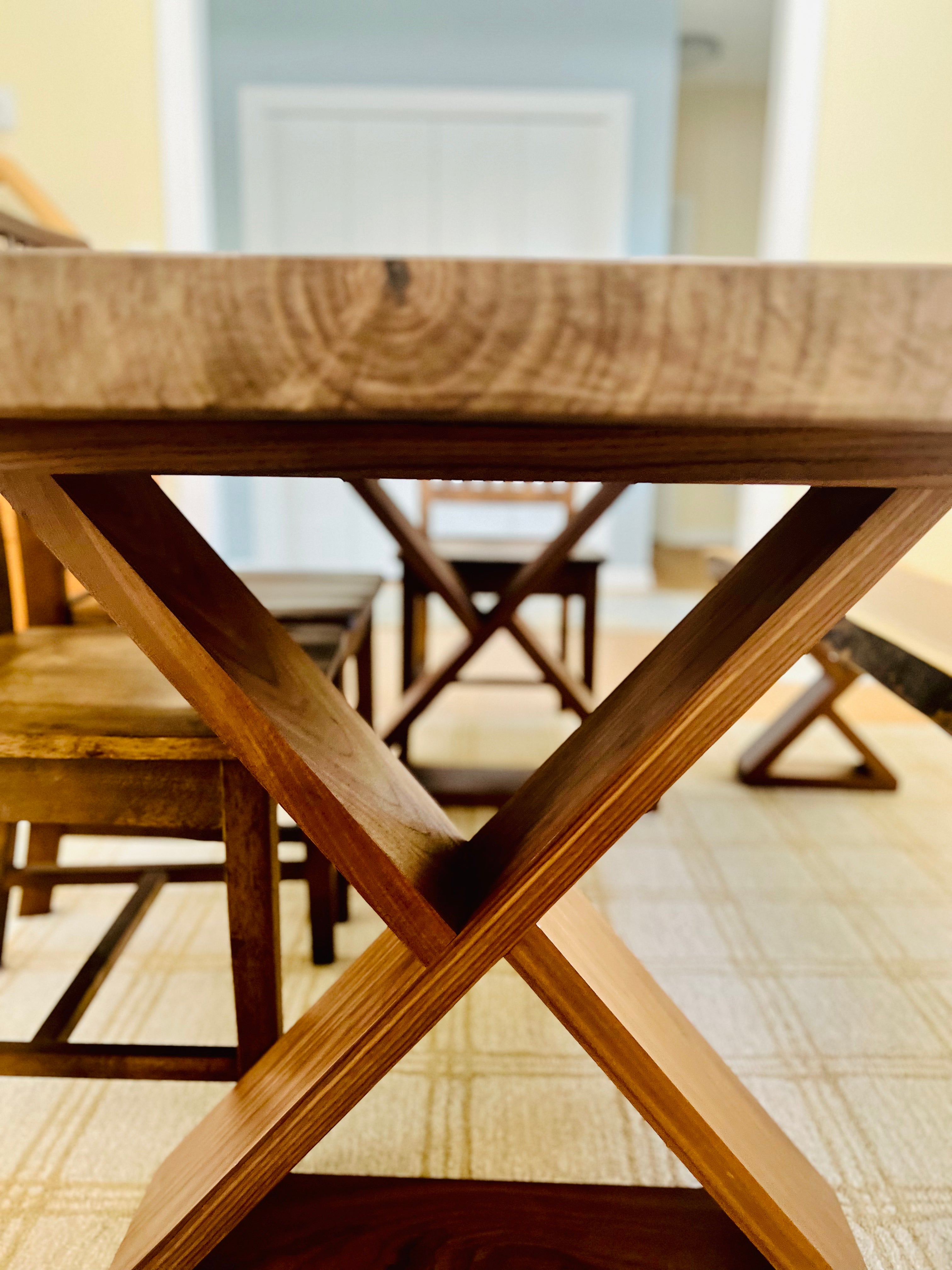 Walnut Live Edge Leila Base W/Matching Bench & Fence Style Chairs