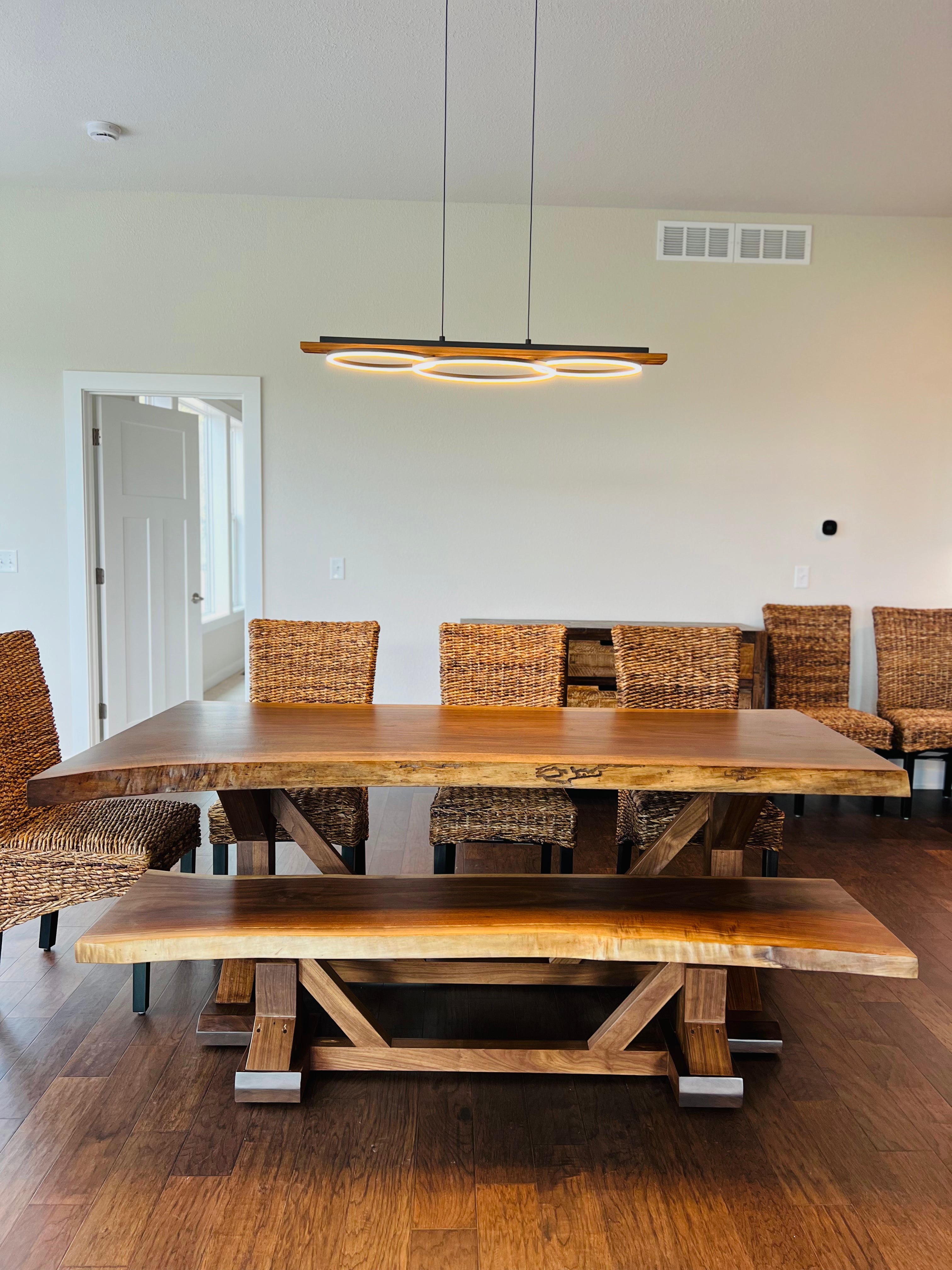Live Edge Walnut Jasmine Base W/Matching Bench And Golden Mesh Chairs