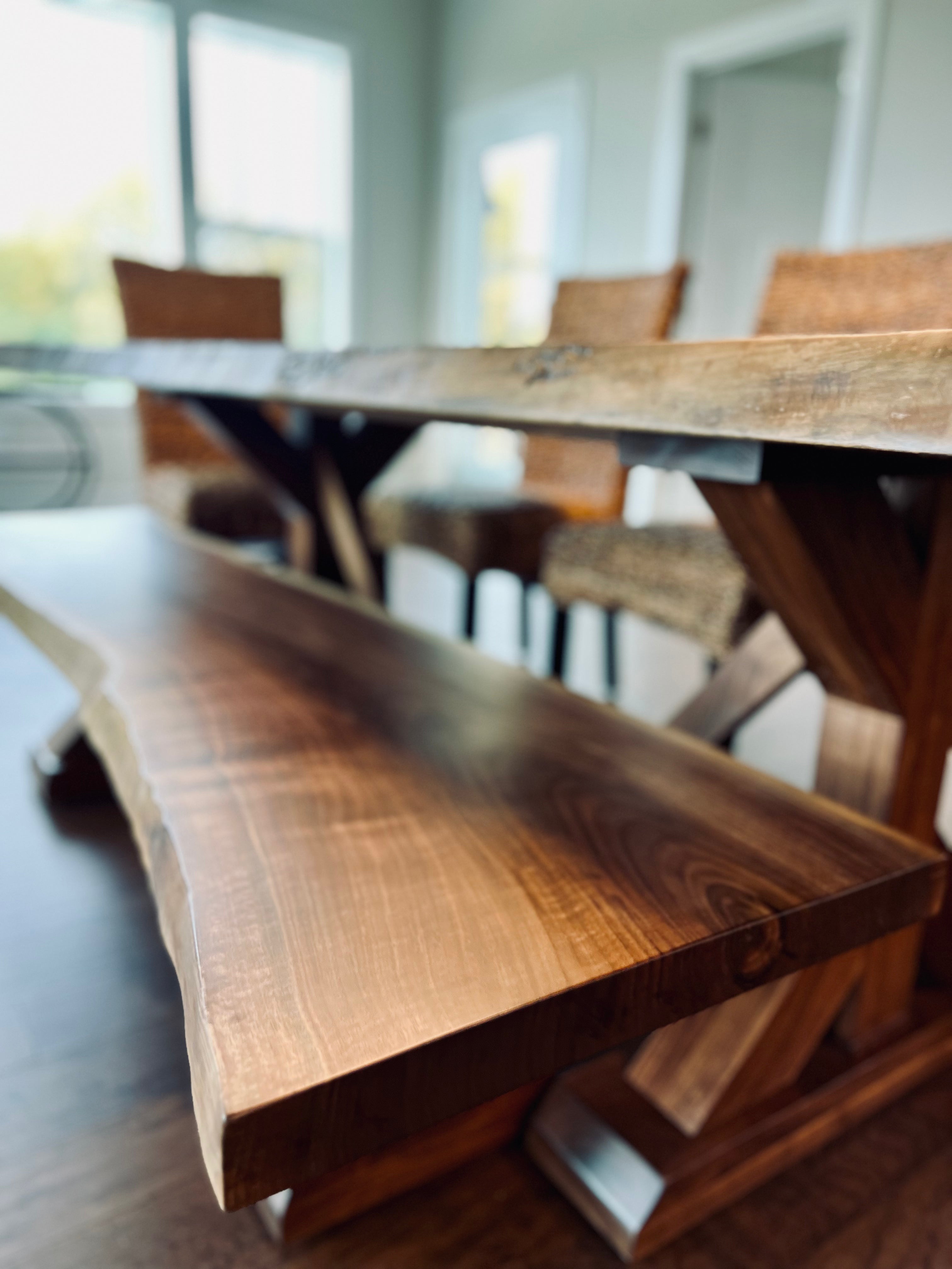 Live Edge Walnut Jasmine Base W/Matching Bench And Golden Mesh Chairs