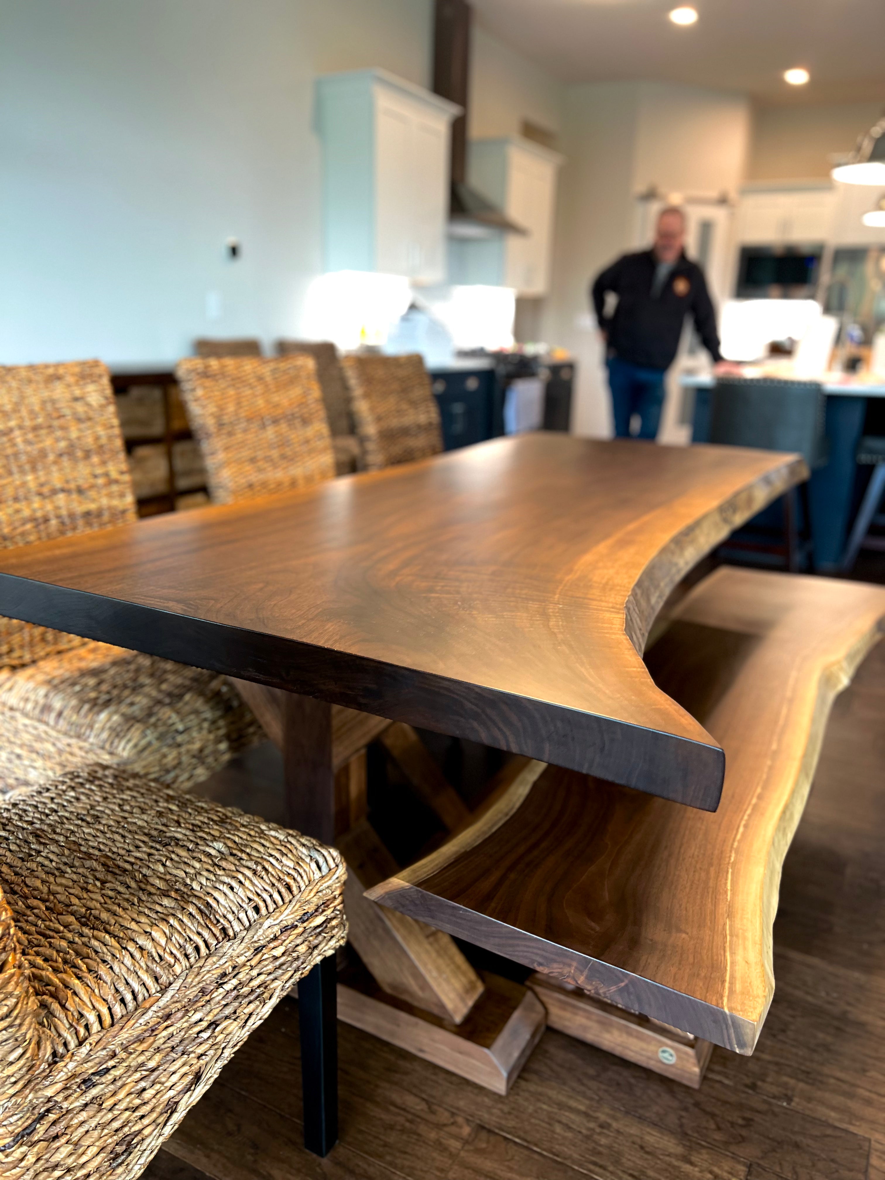 Live Edge Walnut Jasmine Base W/Matching Bench And Golden Mesh Chairs