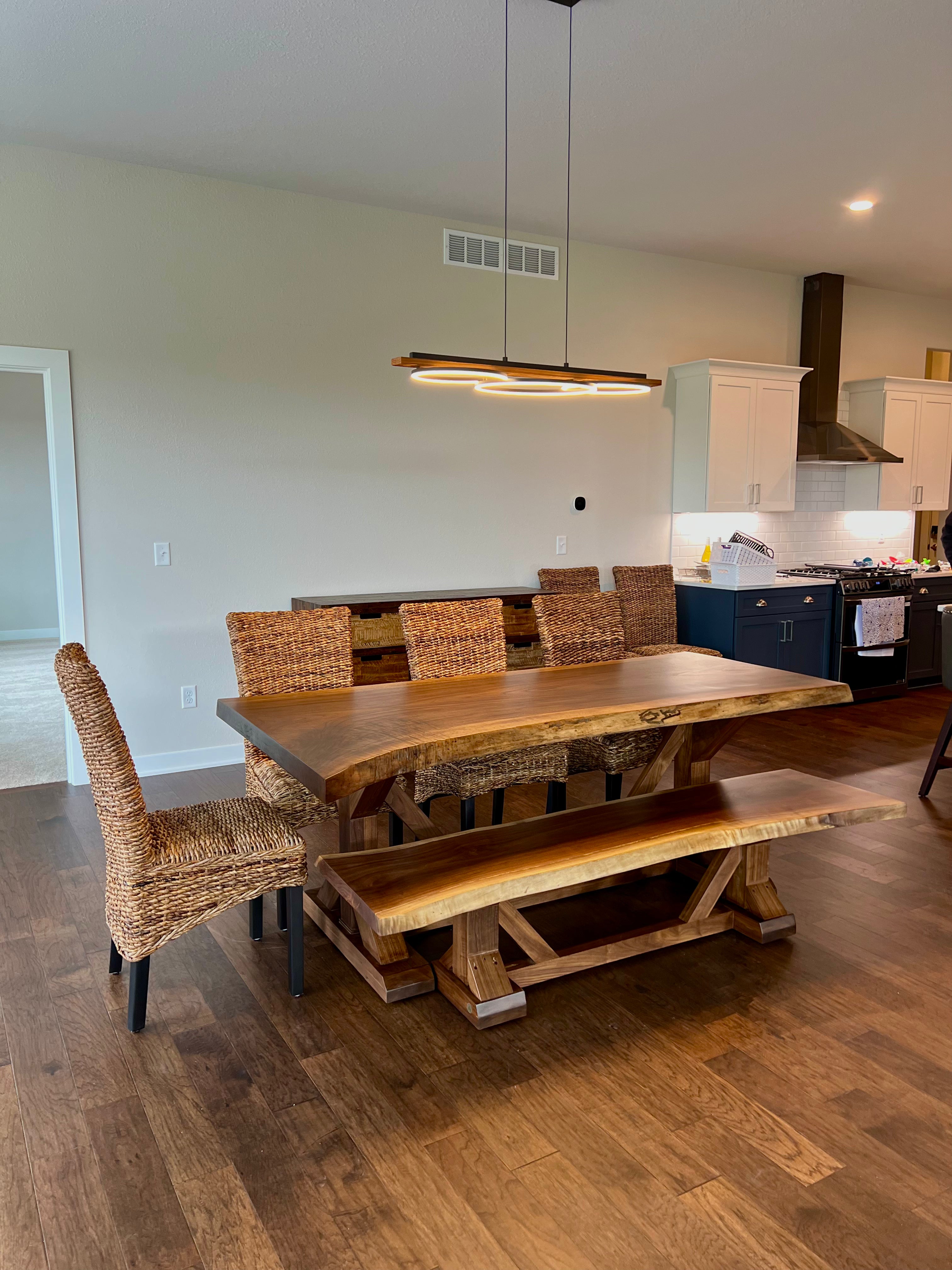 Live Edge Walnut Jasmine Base W/Matching Bench And Golden Mesh Chairs