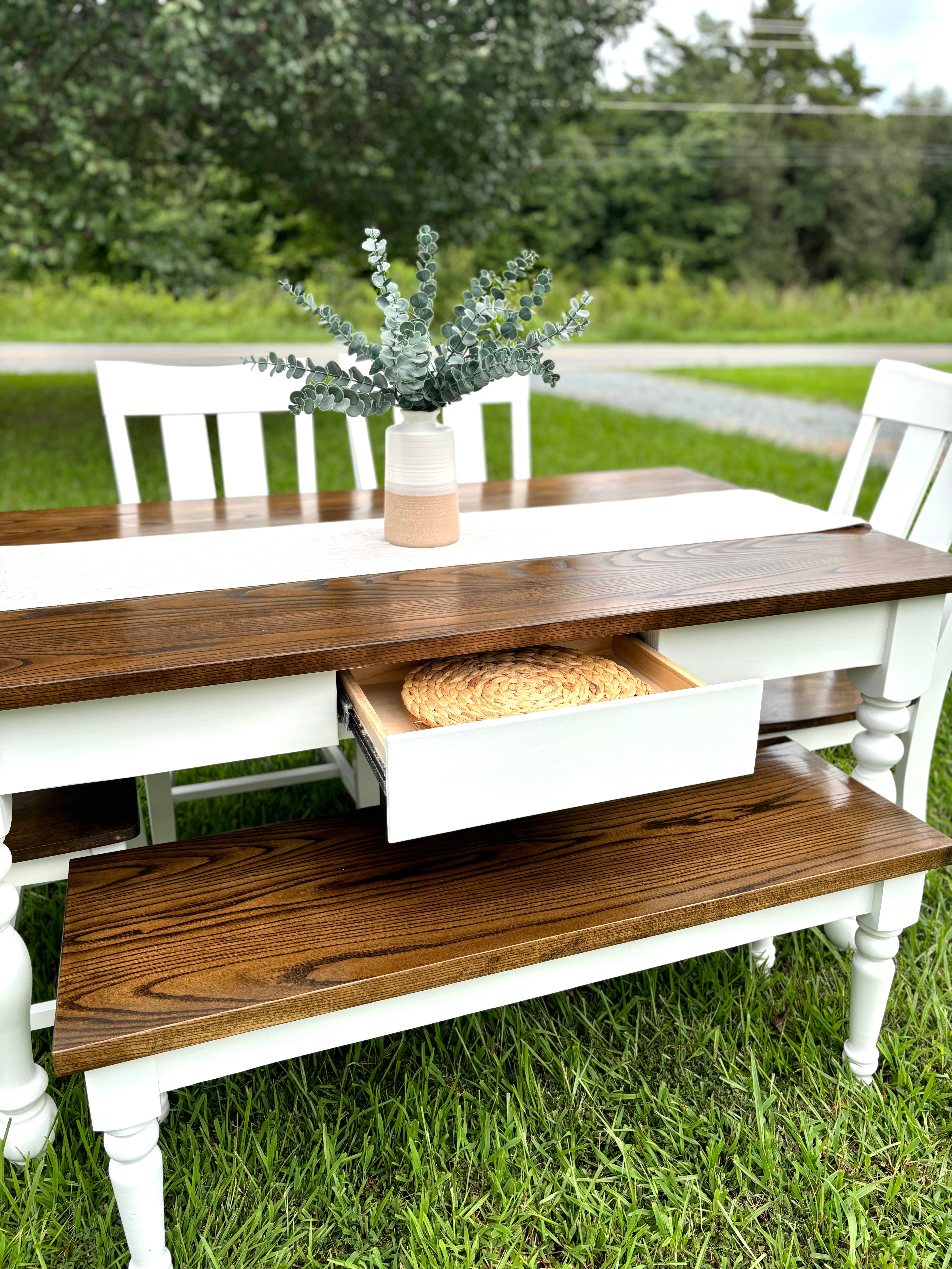 Classic RC Table W/Skinny Legs Winter Buck Brown Finished Top & White Base W/Sliding Drawer & Virginia Style Chairs