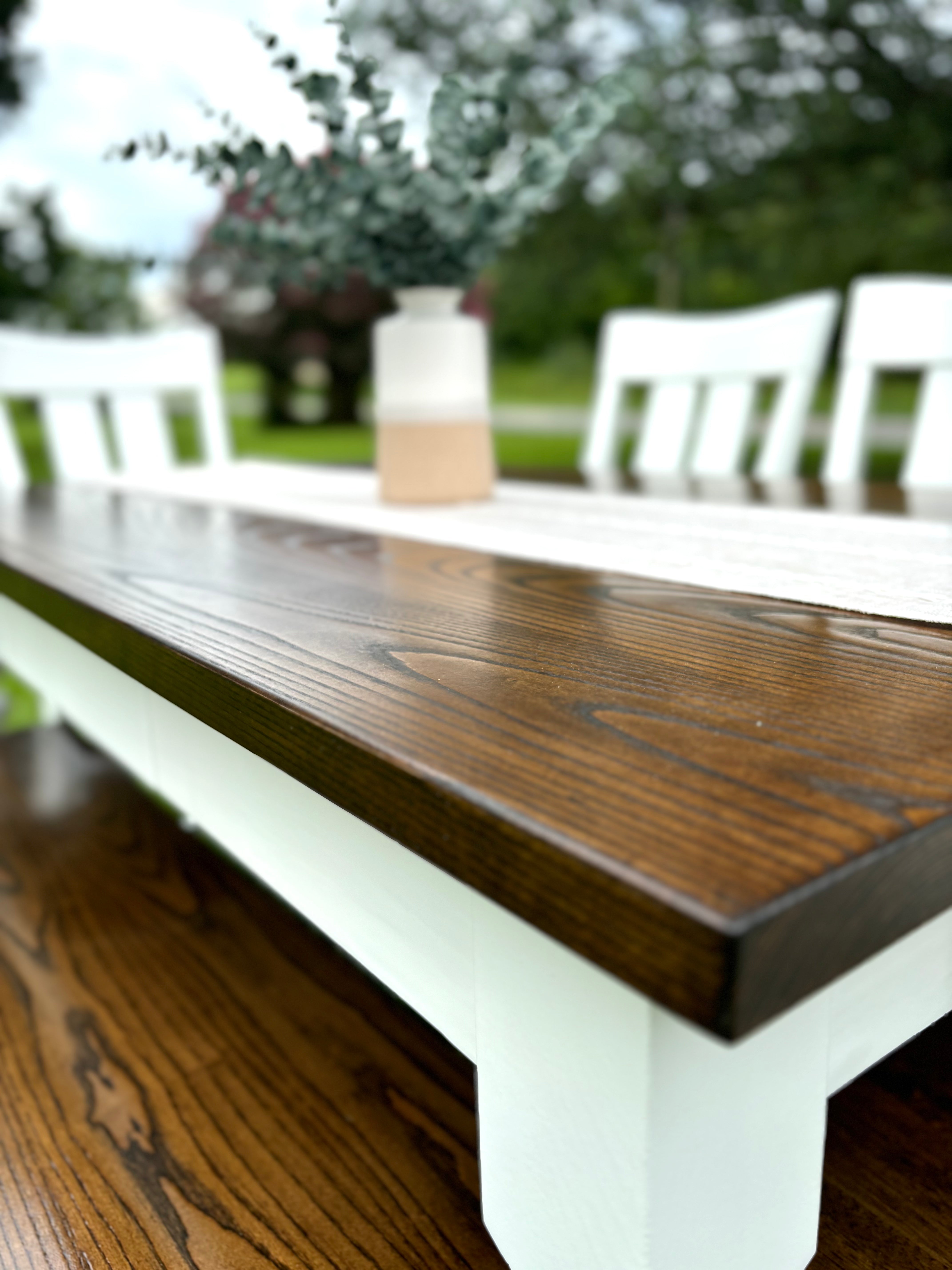 Classic RC Table W/Skinny Legs Winter Buck Brown Finished Top & White Base W/Sliding Drawer & Virginia Style Chairs