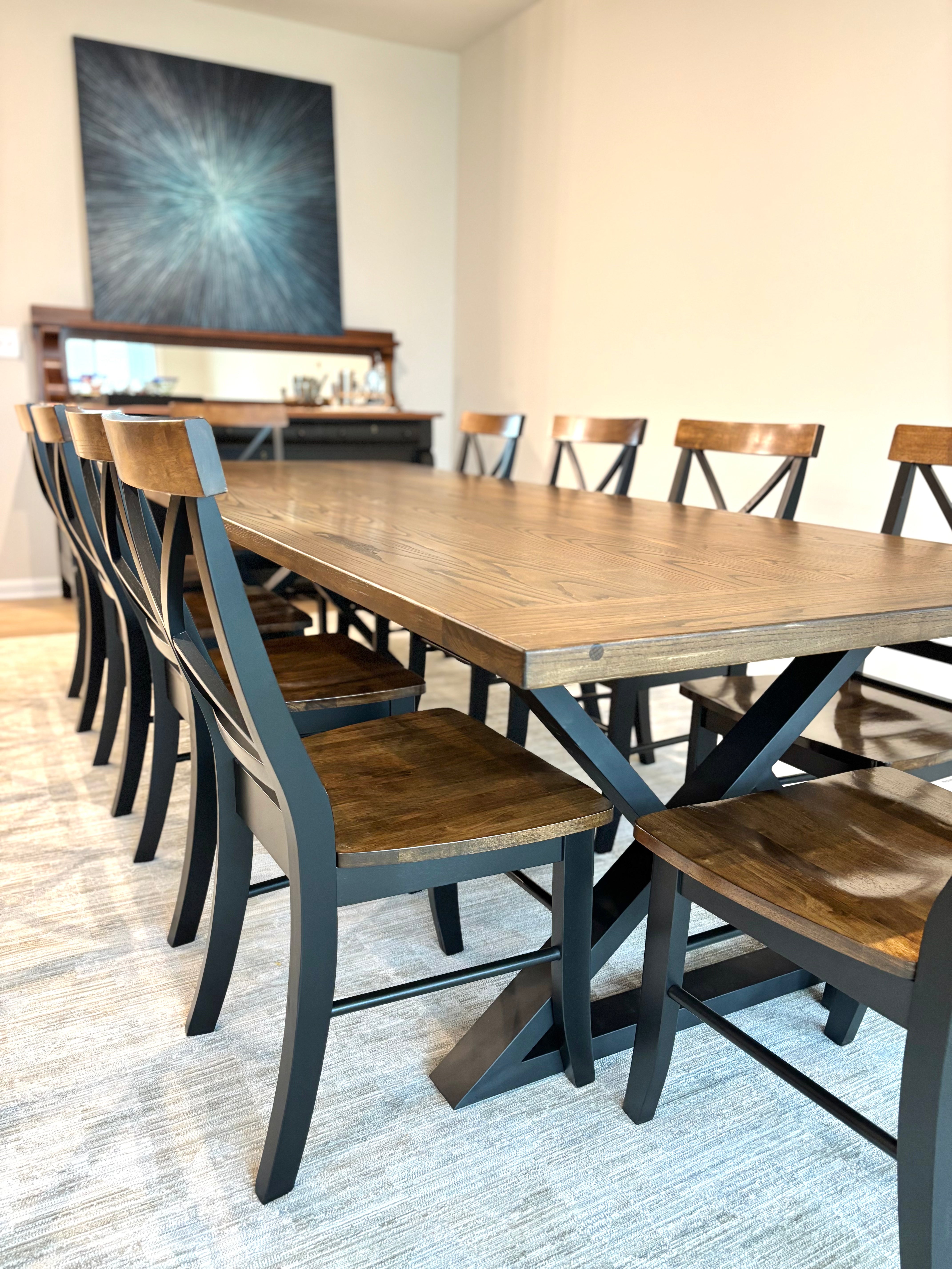 Dakota Table-Winter Buck Brown Finish with Black X Back Chairs & Matching Top Board
