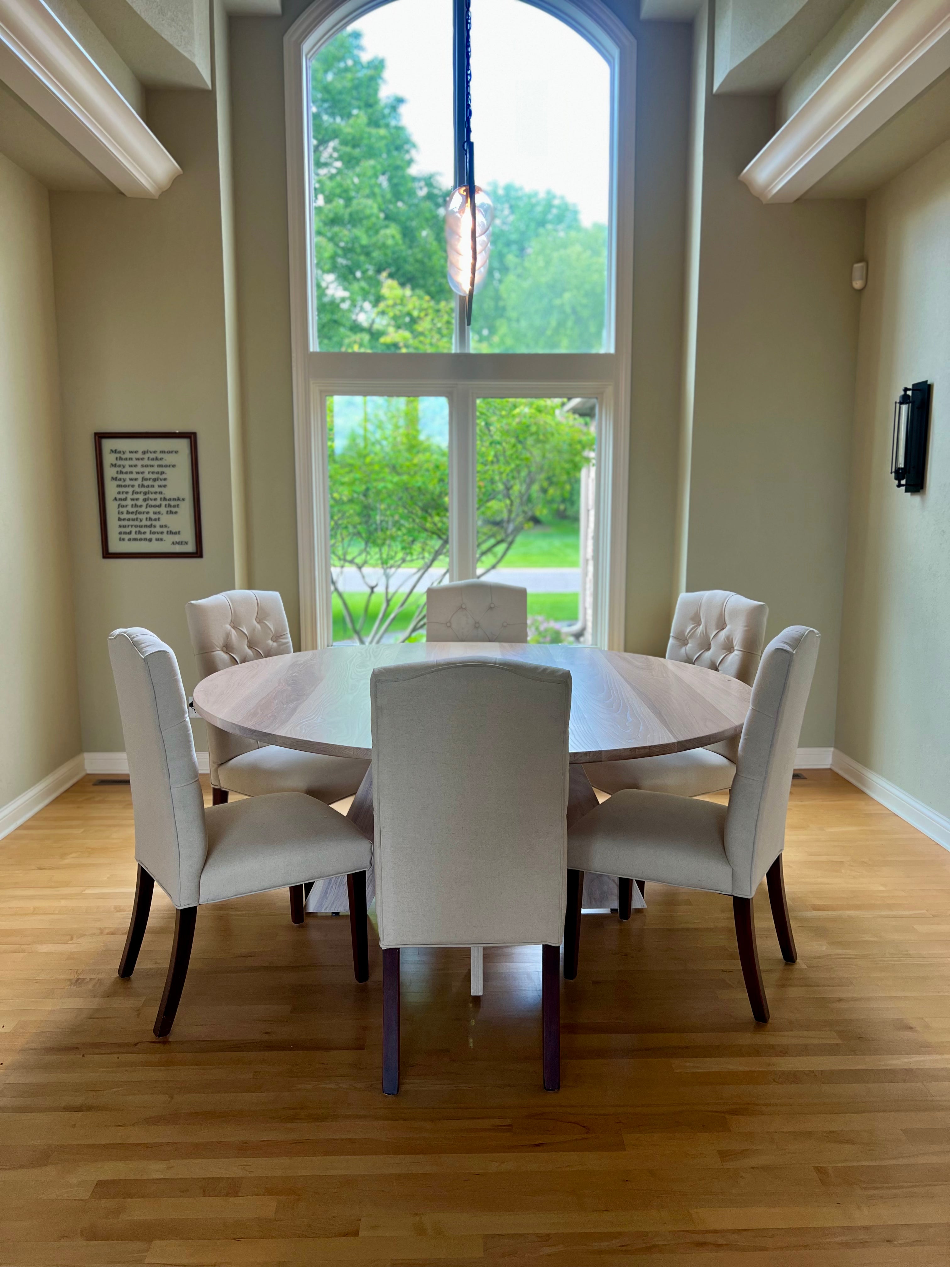 Circle Court Table with" A Frame Pedestal"/ Whitewash Finish & Upholstered King Chairs