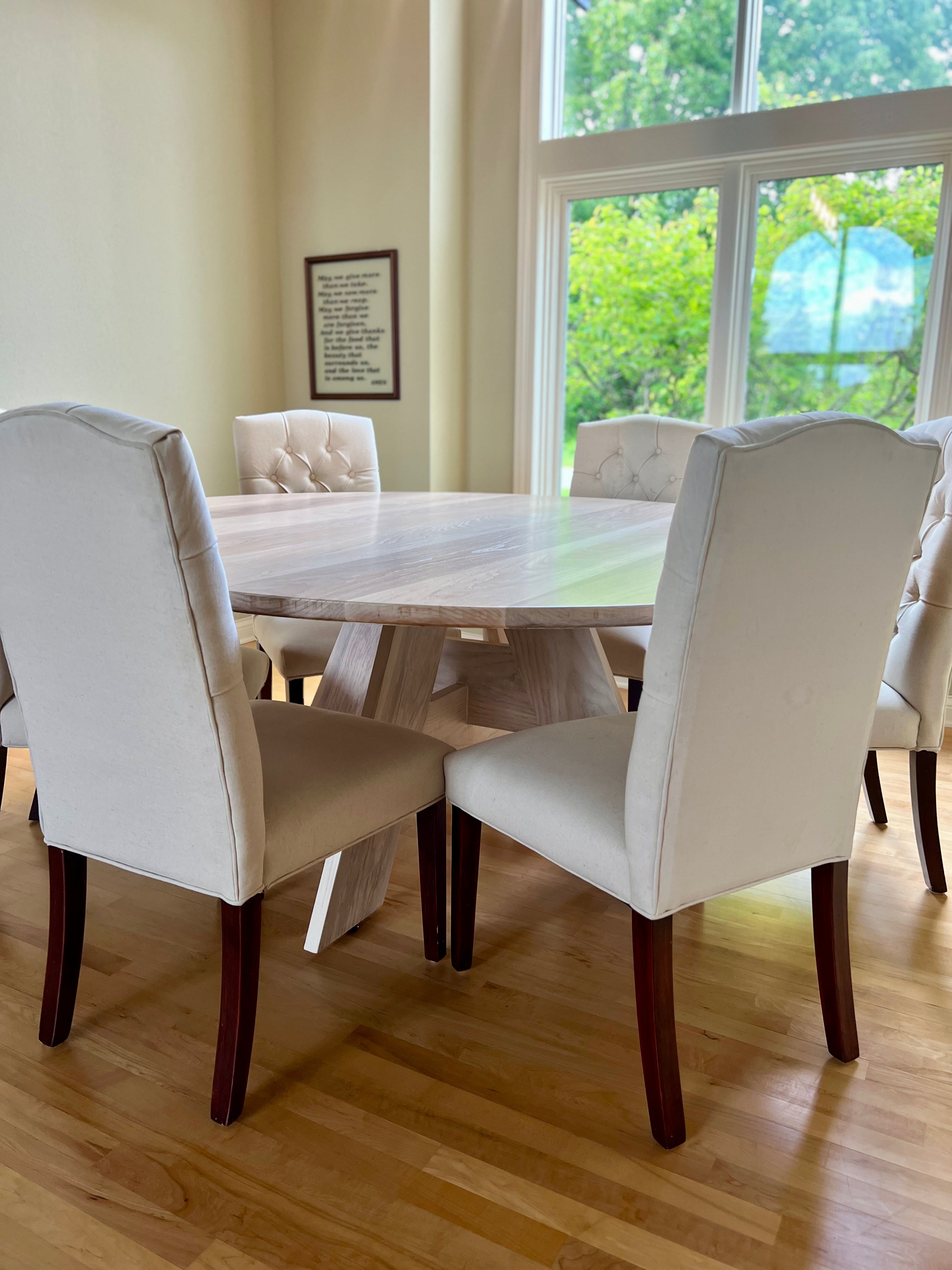 Circle Court Table with" A Frame Pedestal"/ Whitewash Finish & Upholstered King Chairs
