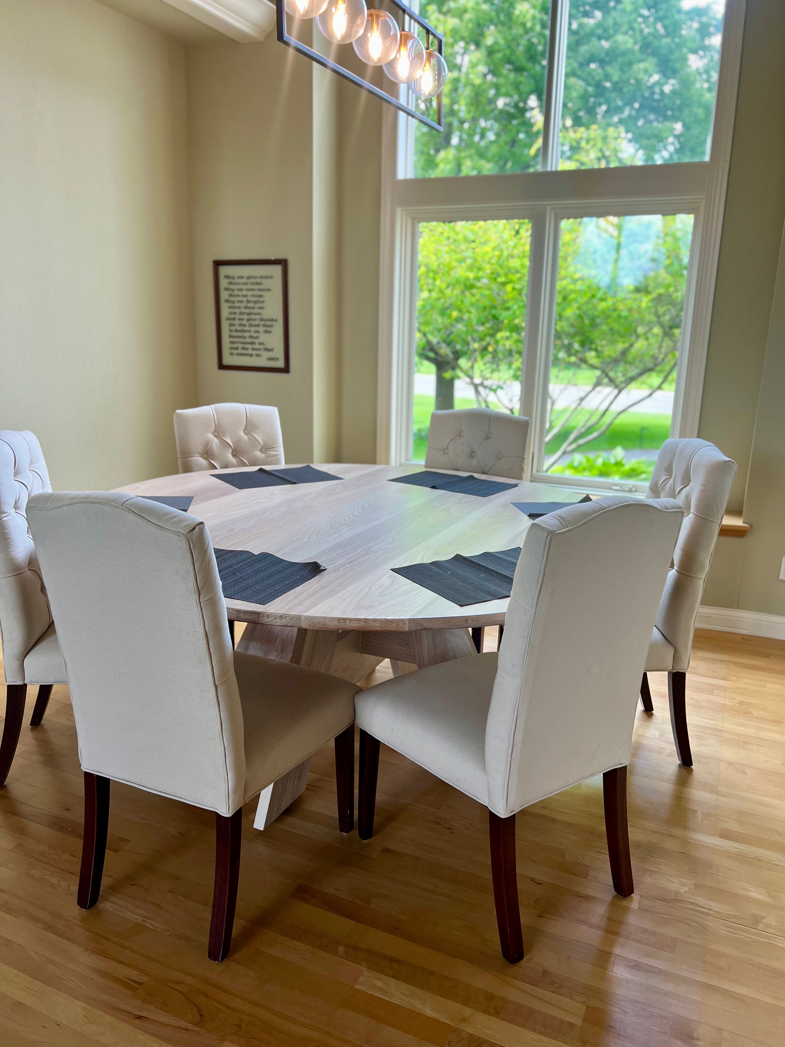 Circle Court Table with" A Frame Pedestal"/ Whitewash Finish & Upholstered King Chairs