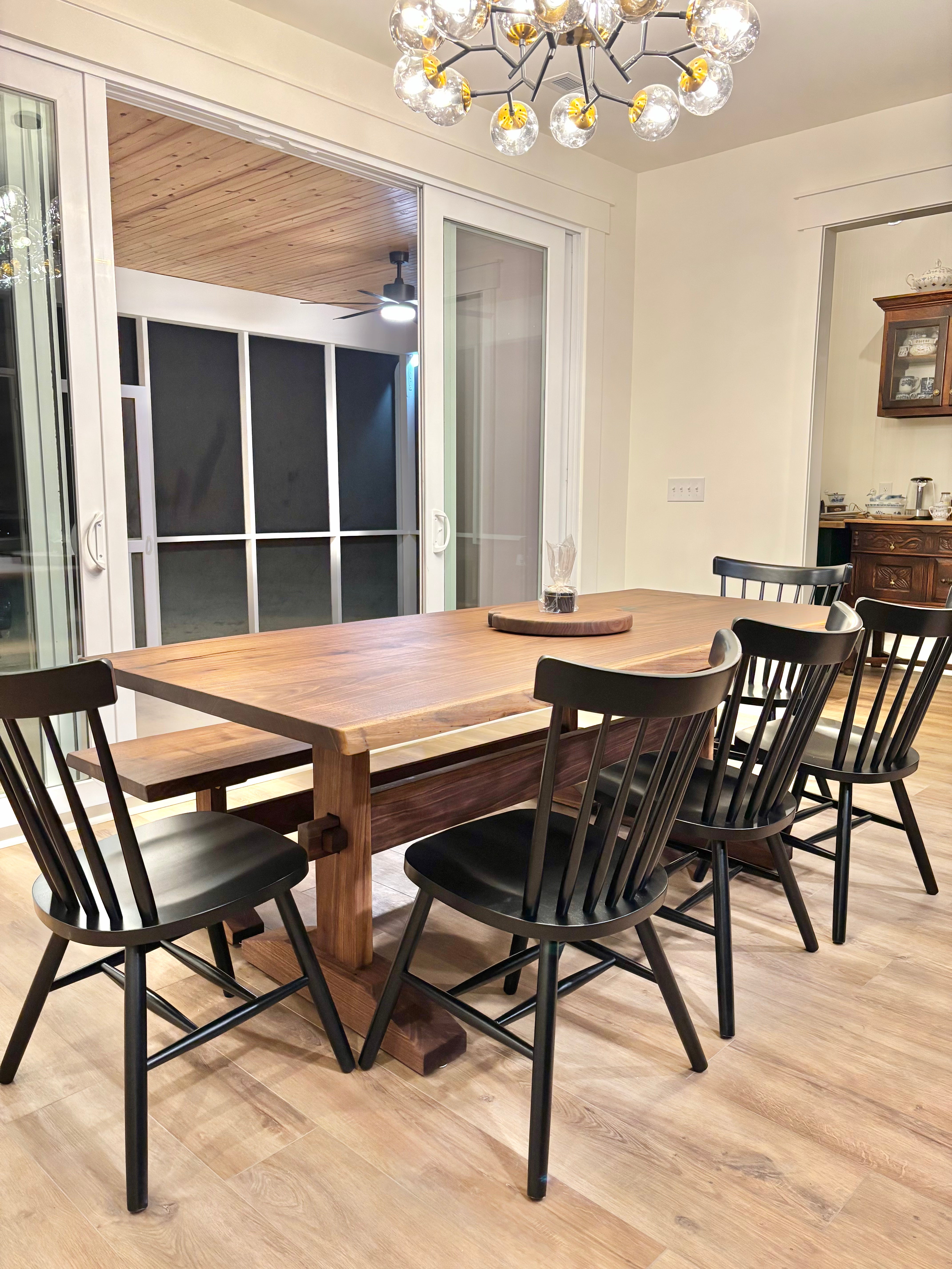 Kali Base W. Live Edge Black Walnut Top & Matching Bench W. Elegant Fence Chairs