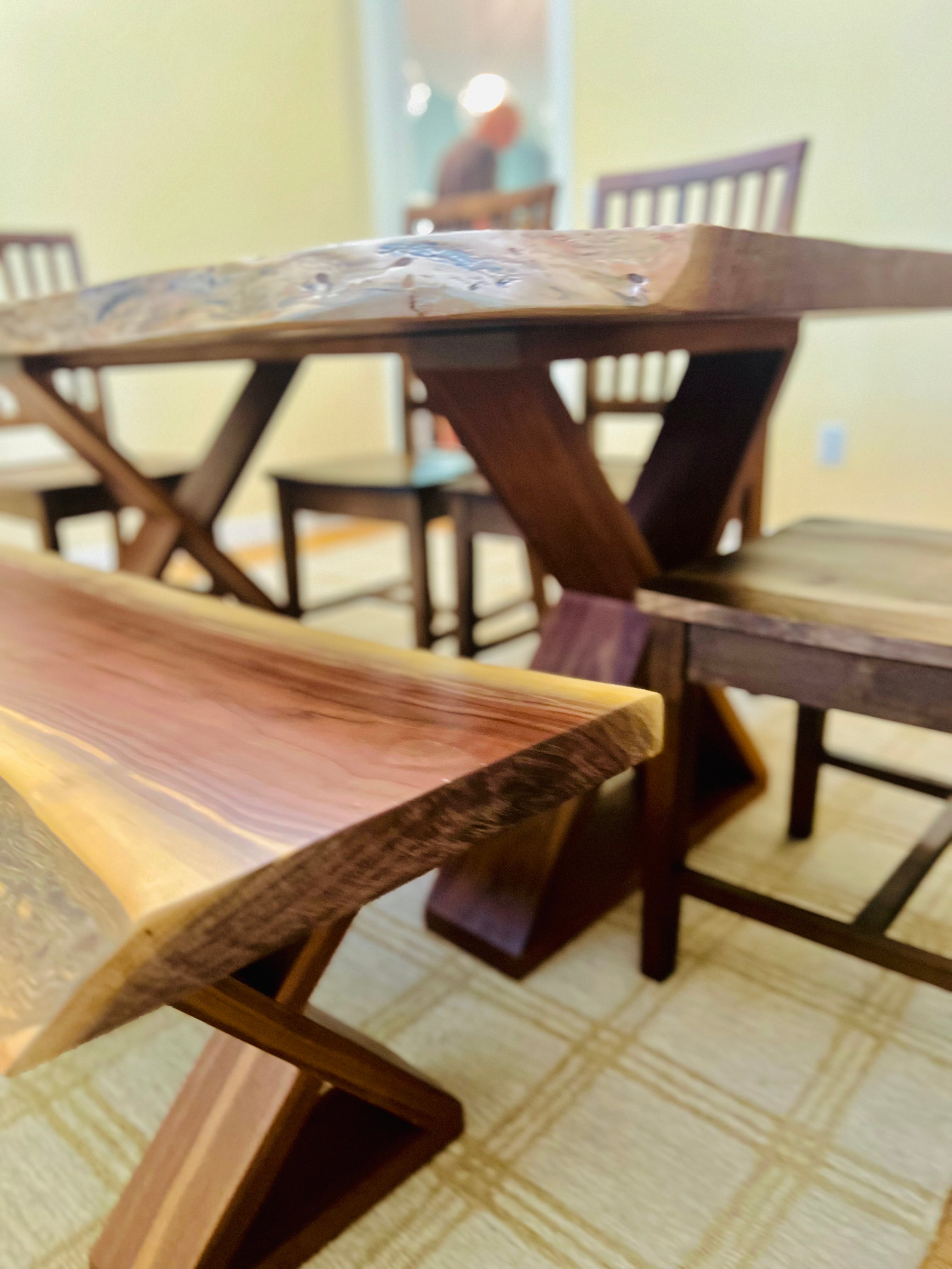 Walnut Live Edge Leila Base W/Matching Bench & Fence Style Chairs