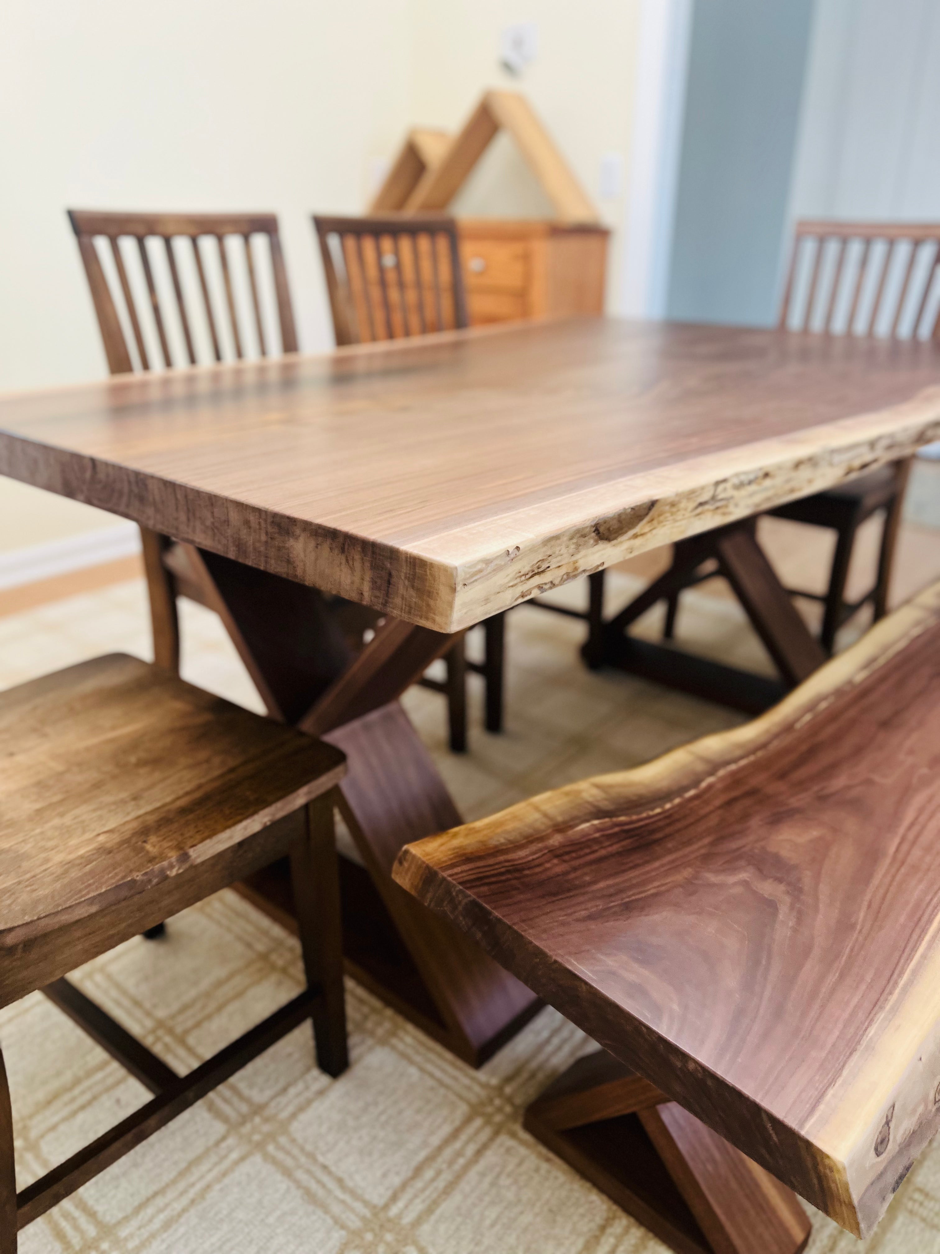 Walnut Live Edge Leila Base W/Matching Bench & Fence Style Chairs
