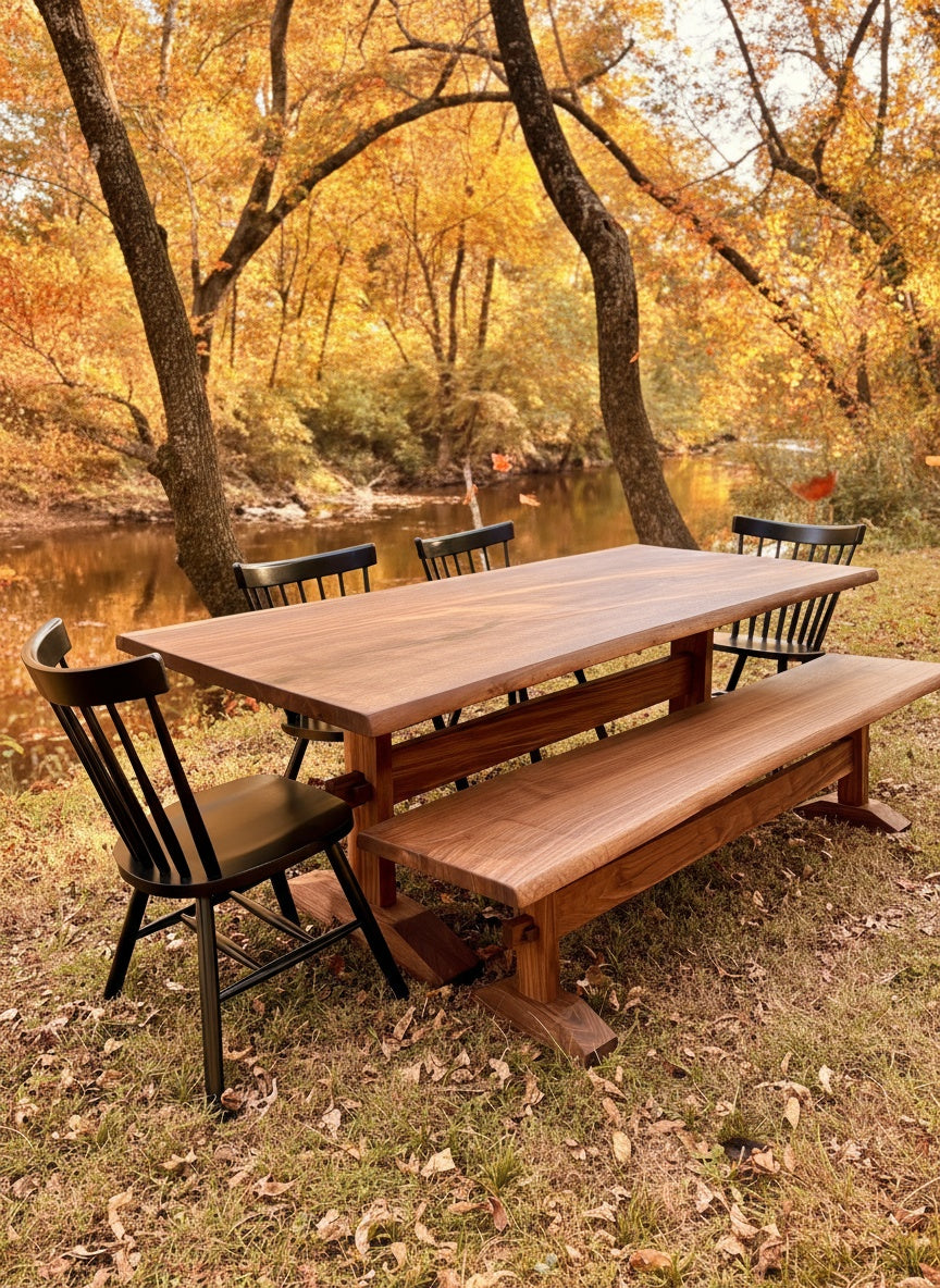 Kali Base W. Live Edge Black Walnut Top & Matching Bench W. Elegant Fence Chairs