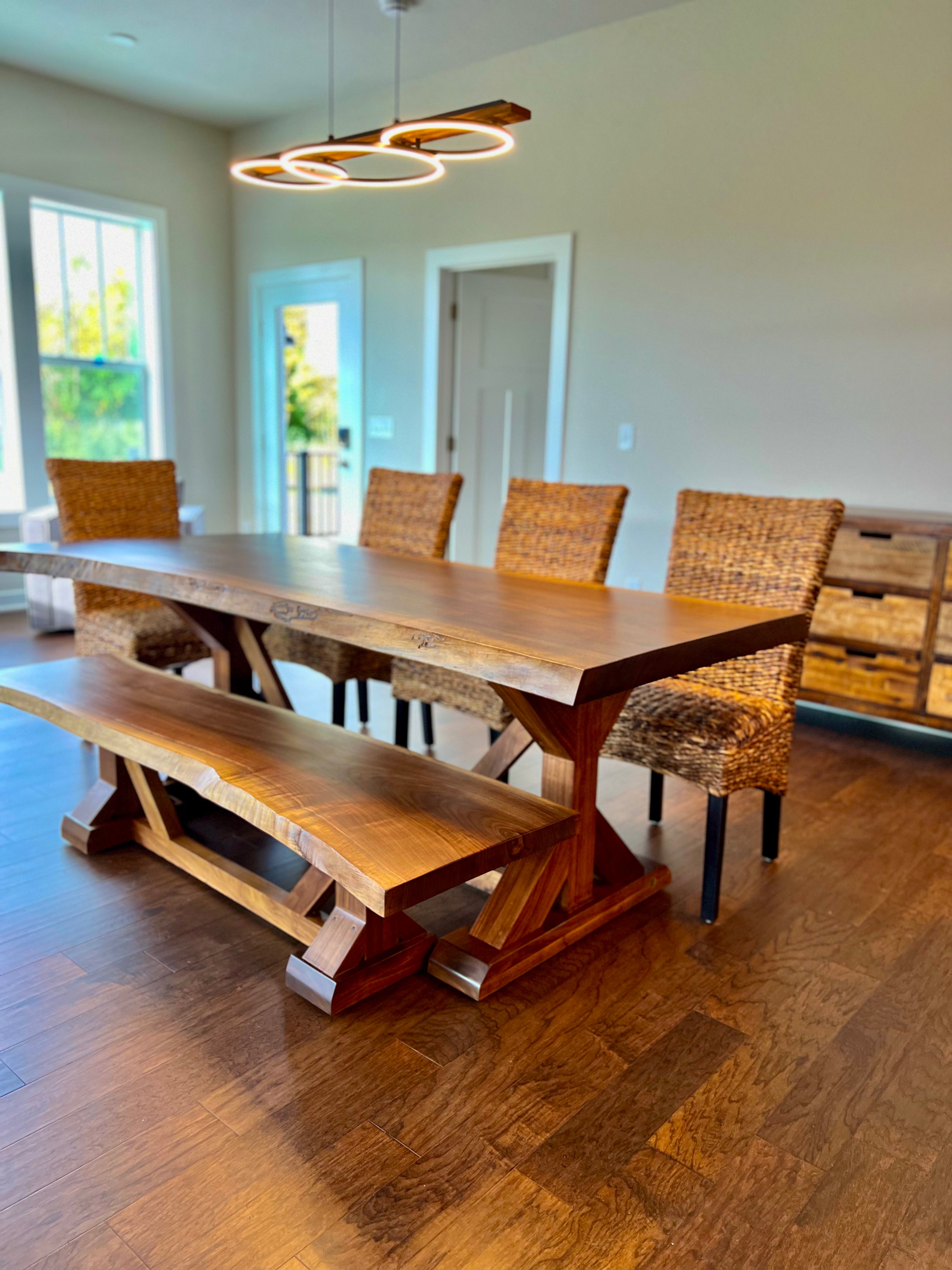Live Edge Walnut Jasmine Base W/Matching Bench And Golden Mesh Chairs