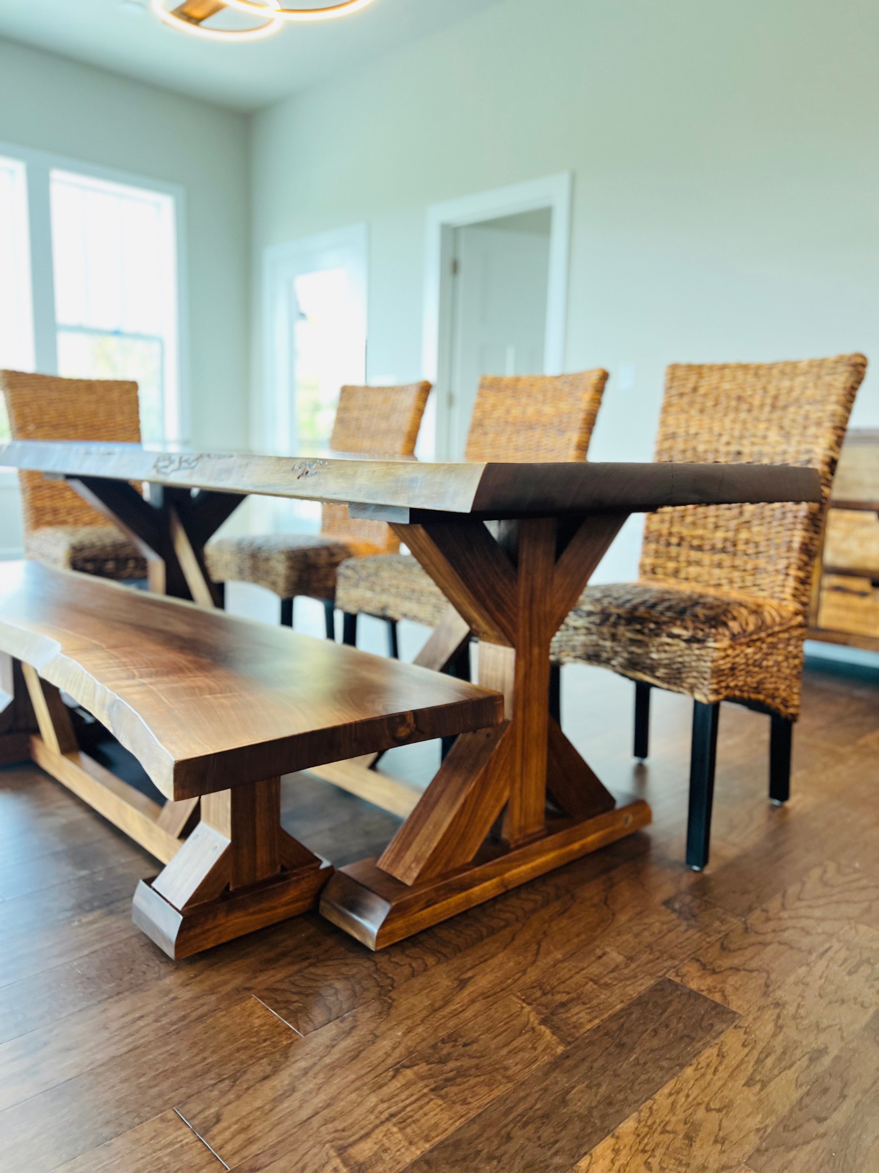 Live Edge Walnut Jasmine Base W/Matching Bench And Golden Mesh Chairs