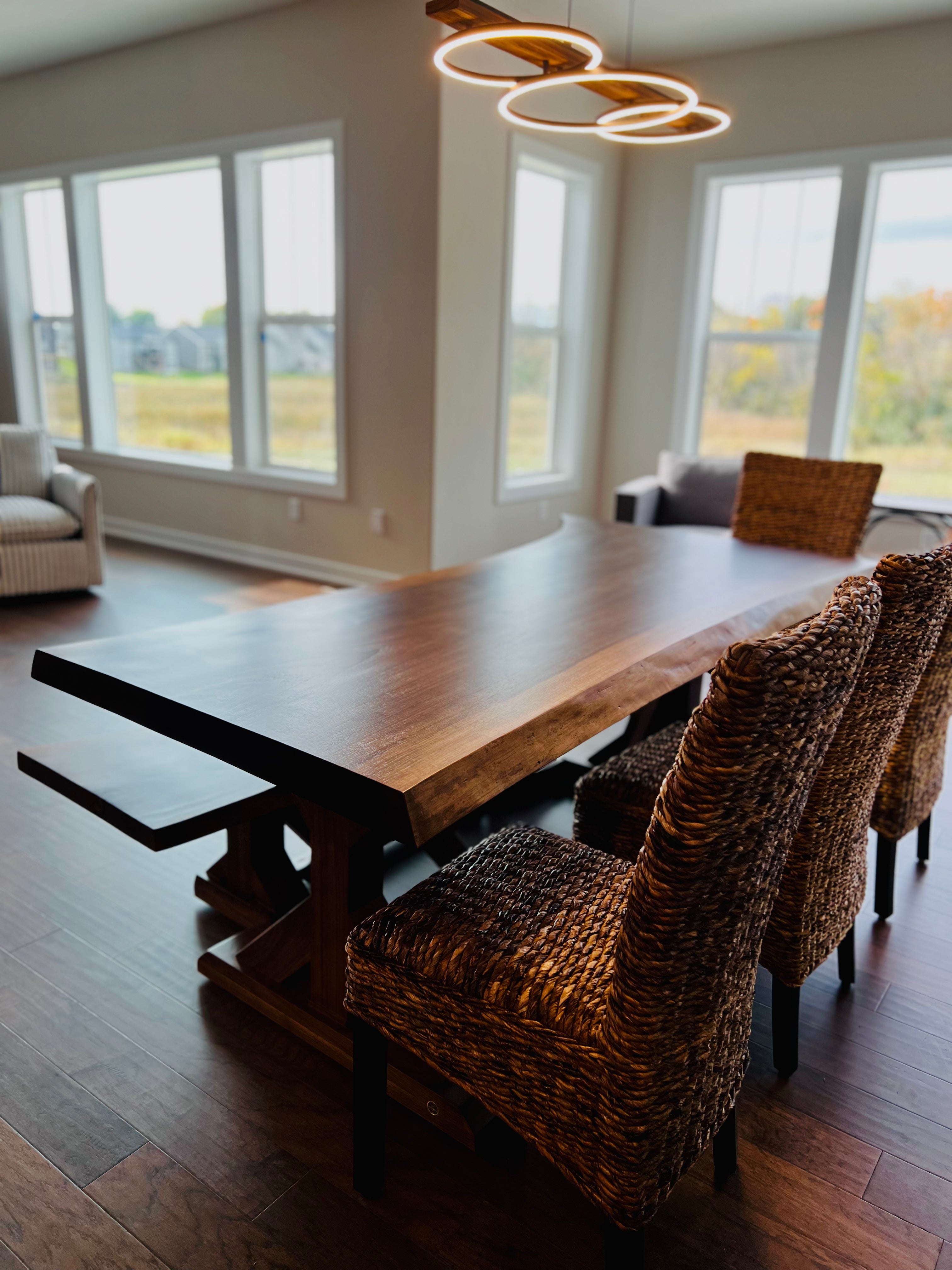 Live Edge Walnut Jasmine Base W/Matching Bench And Golden Mesh Chairs