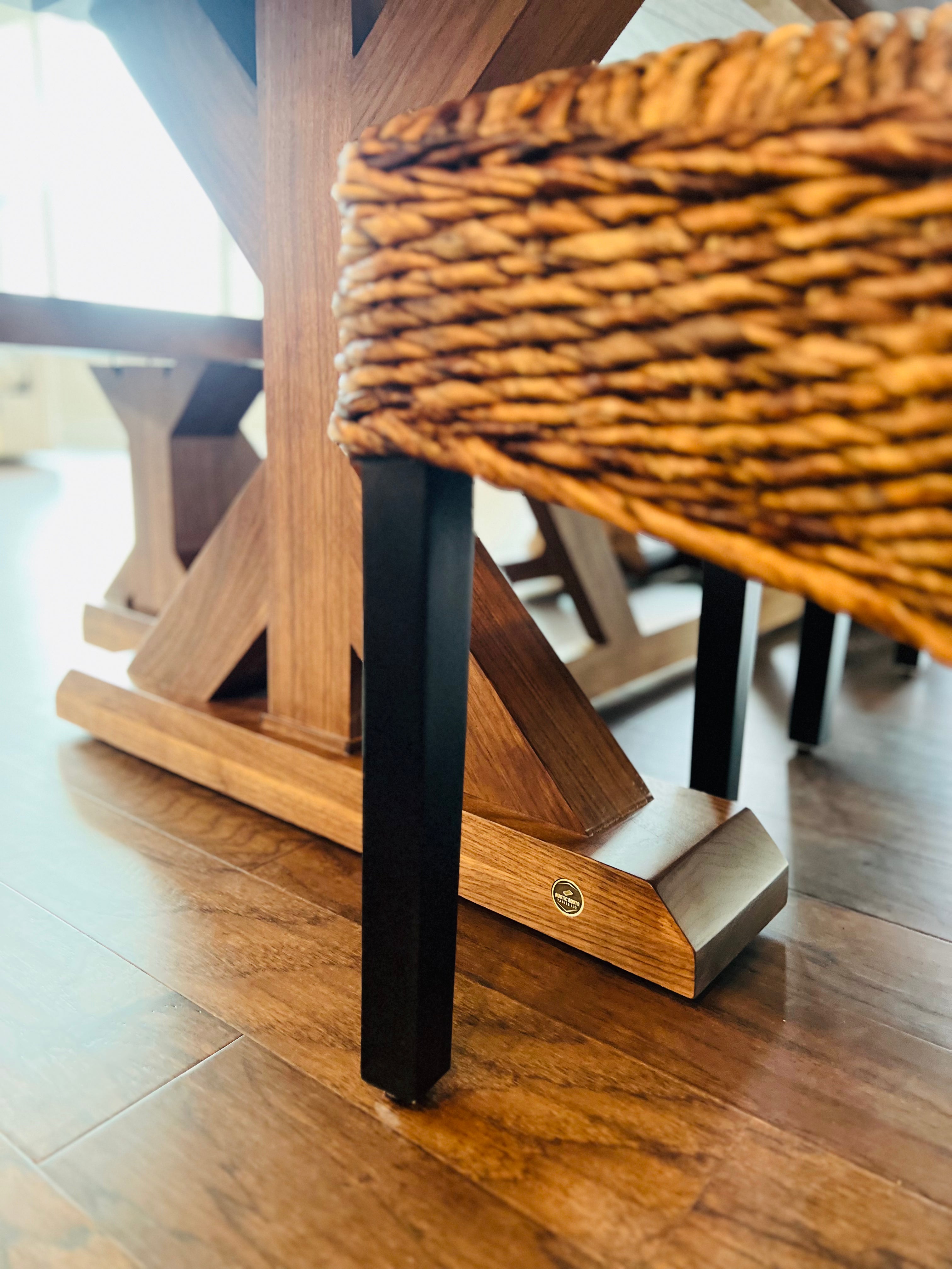 Live Edge Walnut Jasmine Base W/Matching Bench And Golden Mesh Chairs