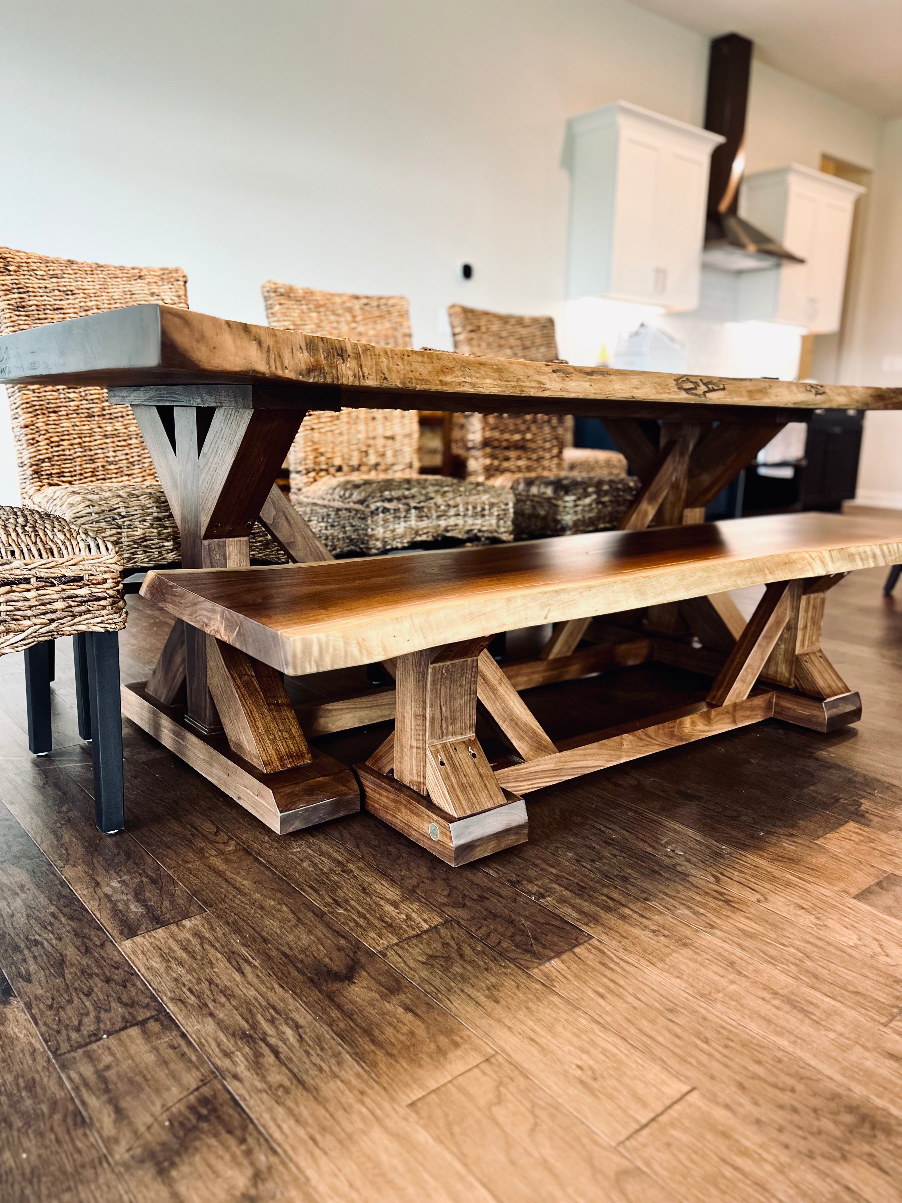 Live Edge Walnut Jasmine Base W/Matching Bench And Golden Mesh Chairs