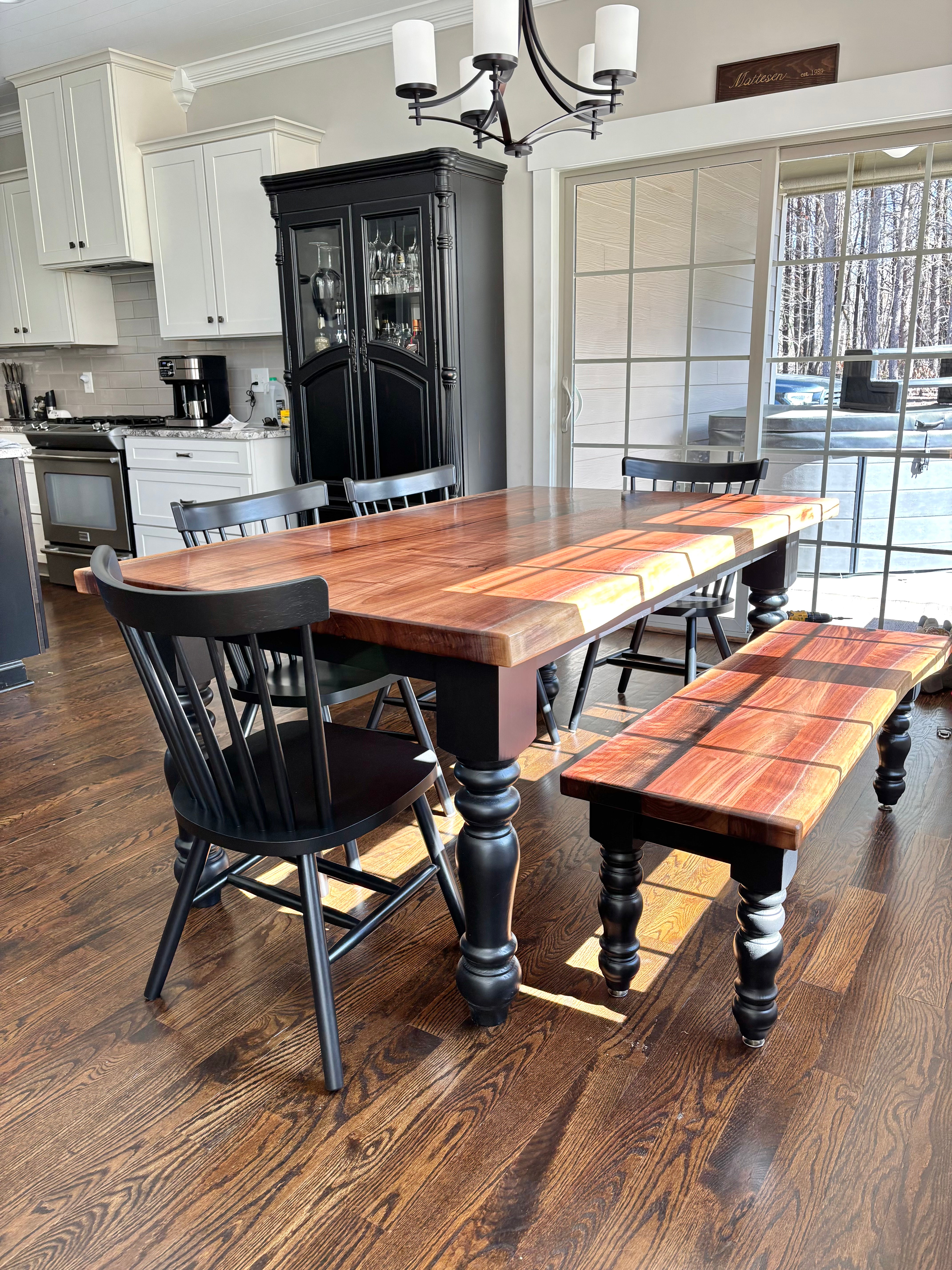 Classic RC Table with Walnut Live Edge & Black Base with Elegant Fence Style Chairs & Matching Bench